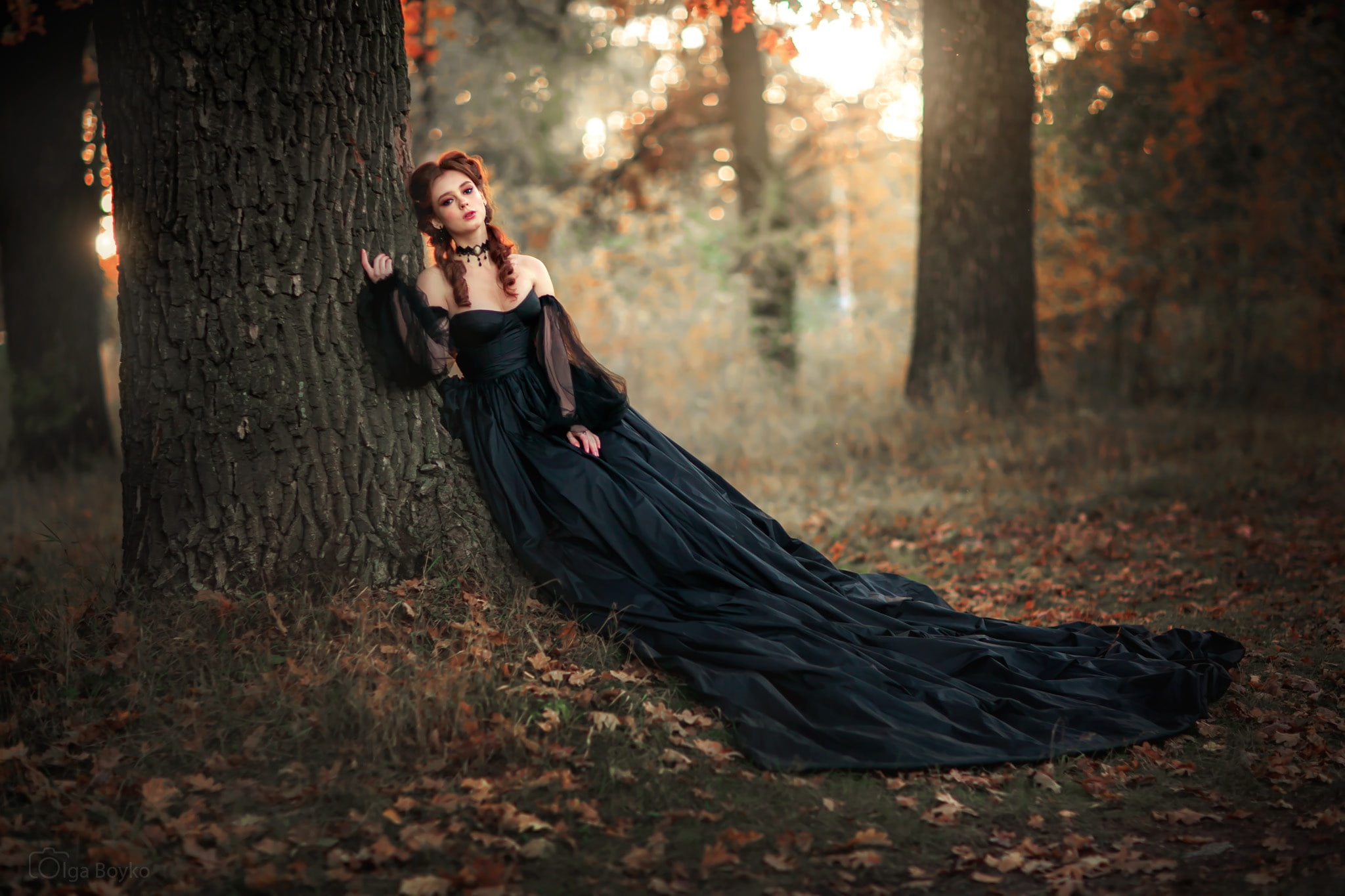 mood, trees, autumn, 1080P, style, forest, girl, Olga Boyko, dress, HD Wallpaper