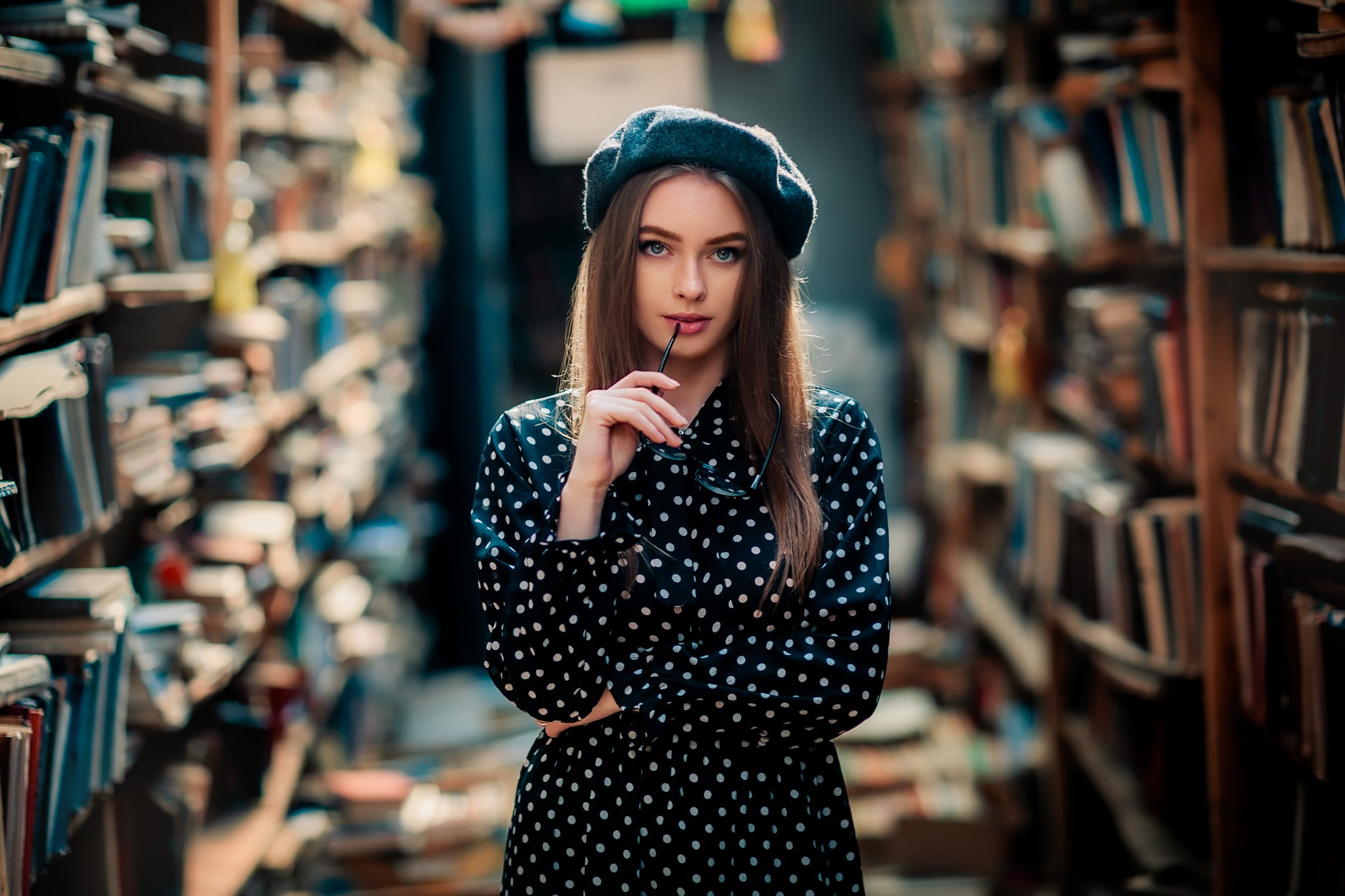 books, polka dot, dress, girl, 1080P, takes, Olga Boyko, Bogdan, library, glasses, look, HD Wallpaper