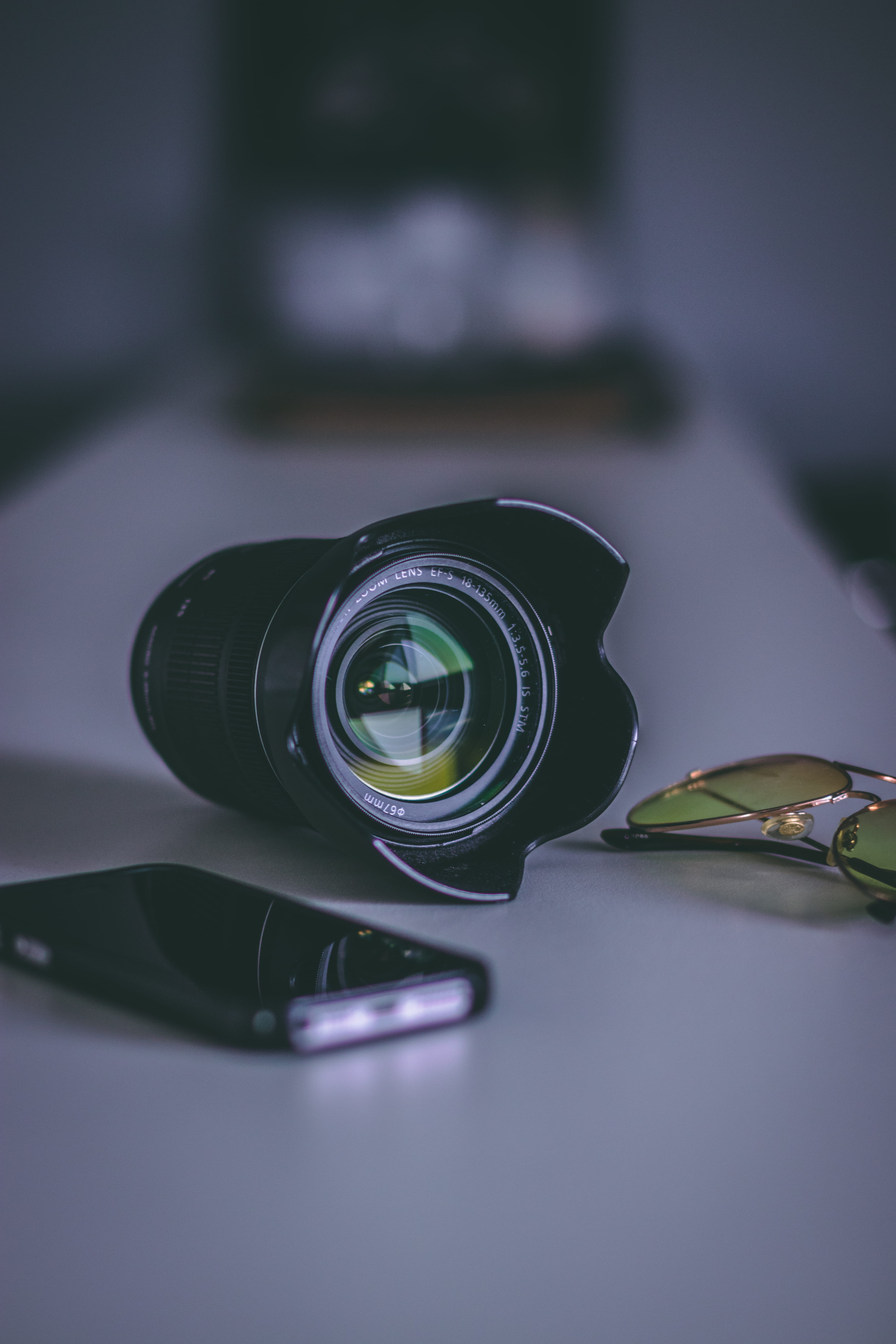 detail, container, sunglass, technology, indoors, smartphone, photography, telephoto, 5K, phone, glasses, table, season, beside, depth of field, selective focus, Phone HD Wallpaper