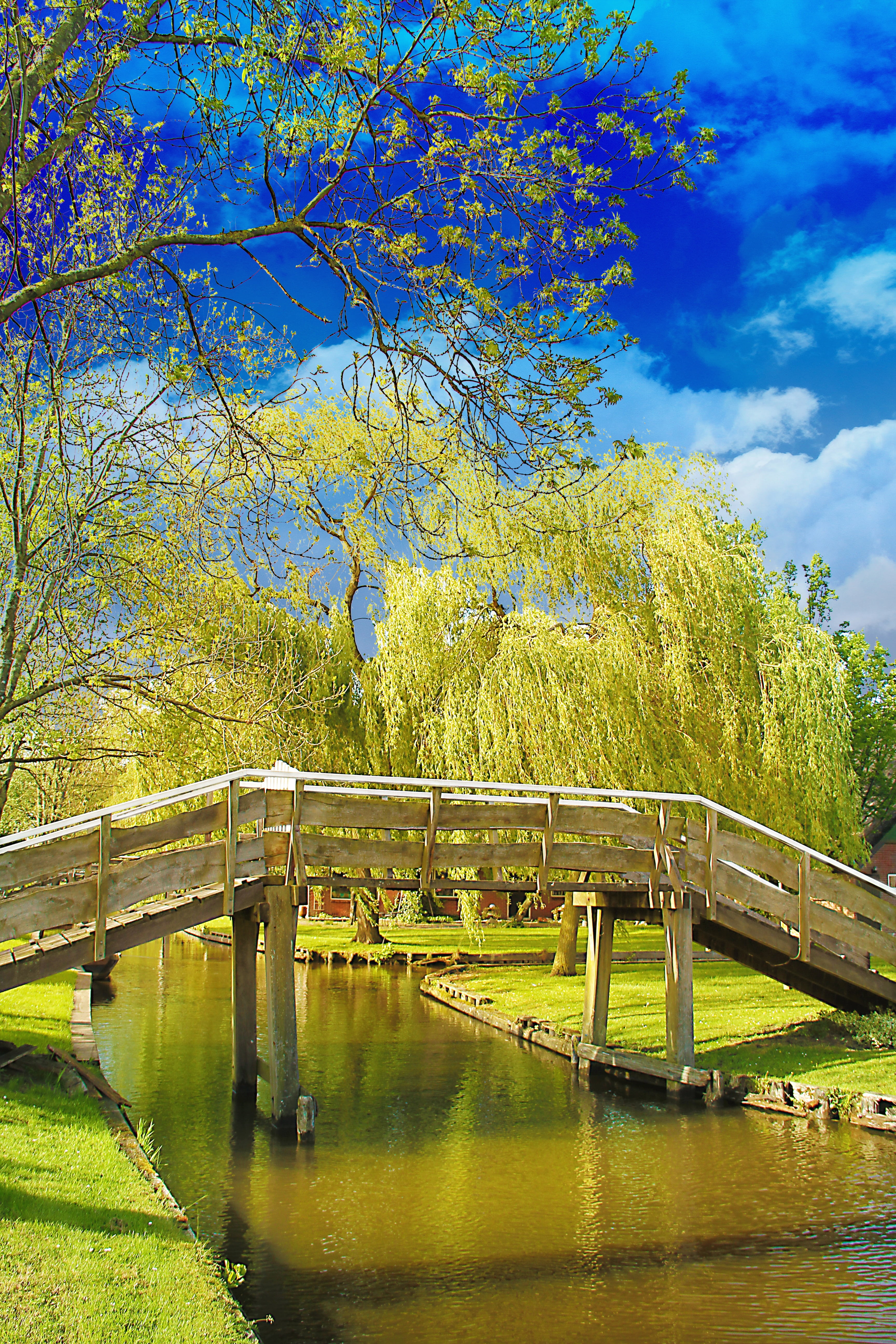footbridge, bridge - man made structure, giethoorn, built structure, canal, cloud - sky, connection, outdoors, growth, travel, plant, bridge, day, tree, Phone HD Wallpaper