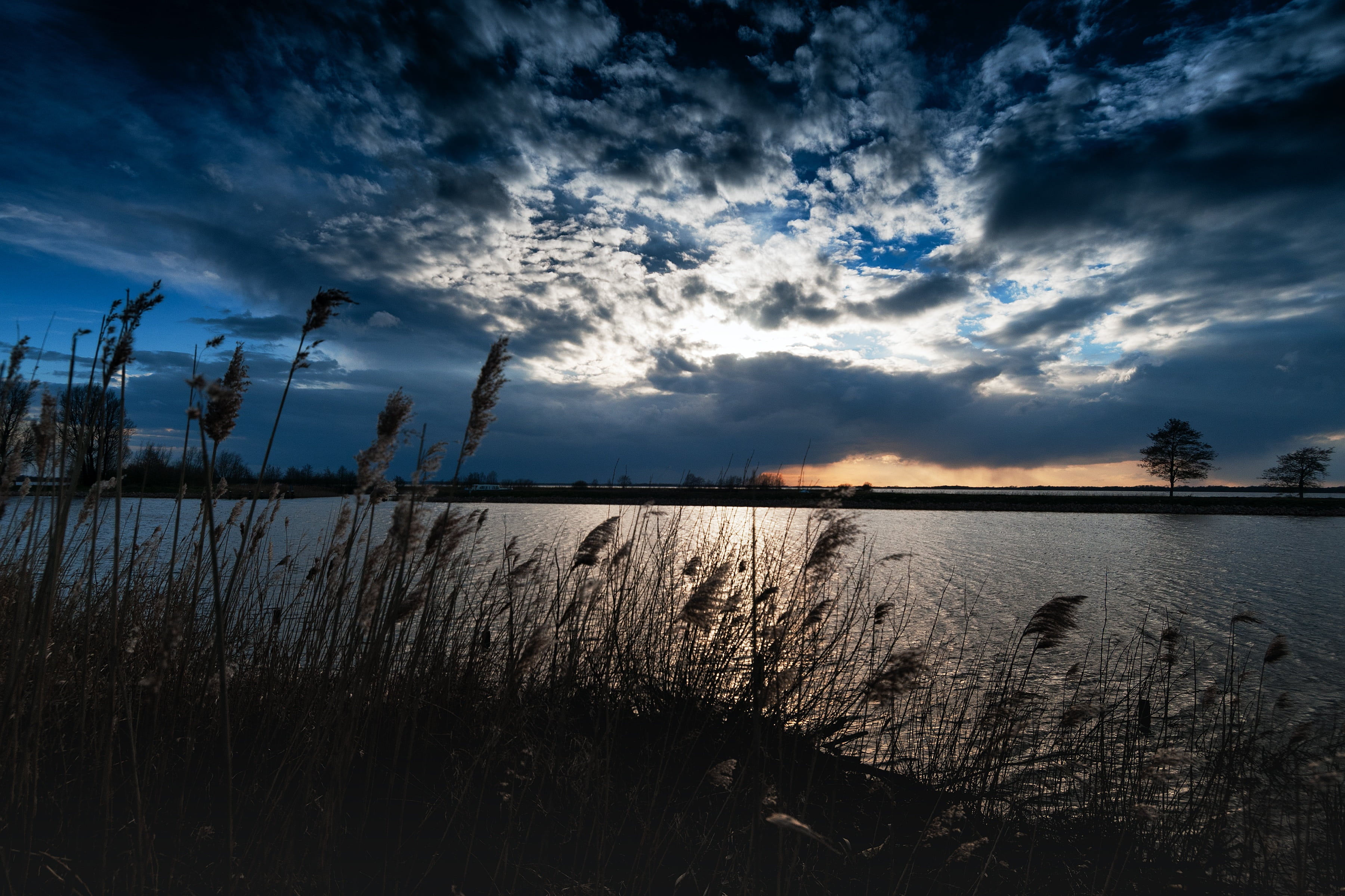 scenics - nature, blue, netherlands, reflection, sunset, outdoors, channel, 2K, grass, evening, giethoorn, lake, sky, no people, tranquility, plant, tree, HD Wallpaper