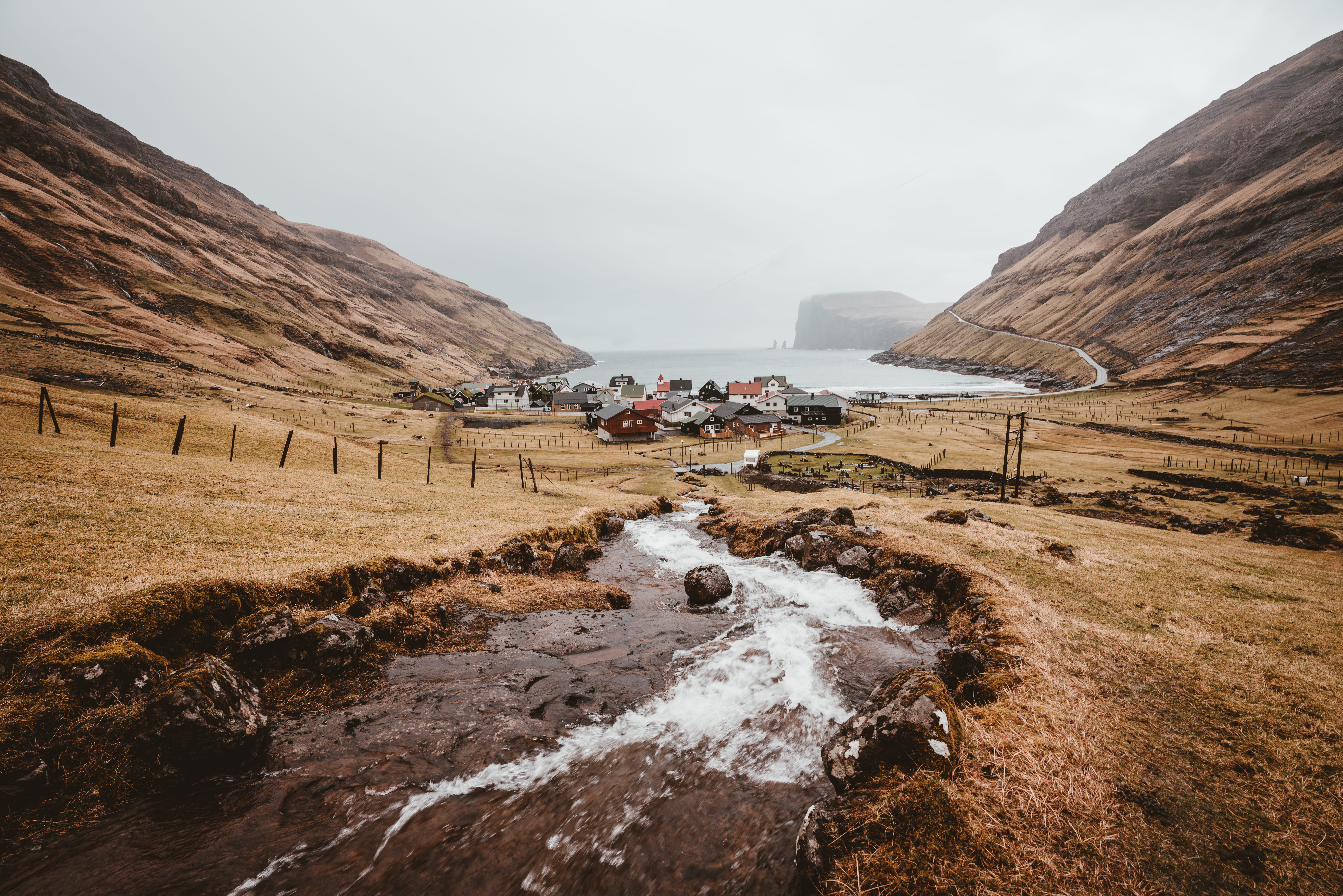 sea, mountain, village, landscape, streymoy, rock formation, photography, flowing, no people, mountains, scenics - nature, non-urban scene, tranquil scene, HD Wallpaper