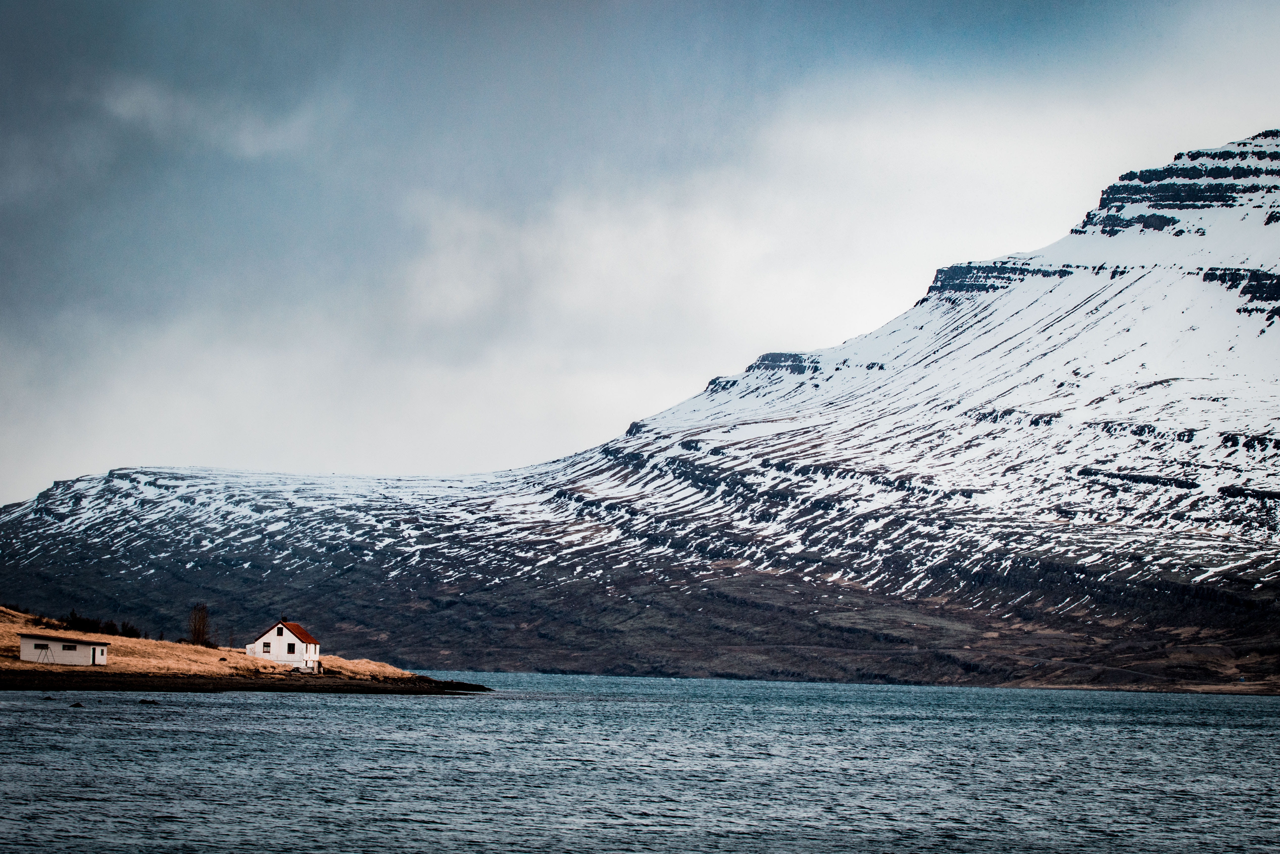 snowcapped mountain, canon 7d mkii, 4K, island, lake, fishing village, coastal house, water, house, winter, travel destinations, roadtrip, hill, countryside, HD Wallpaper