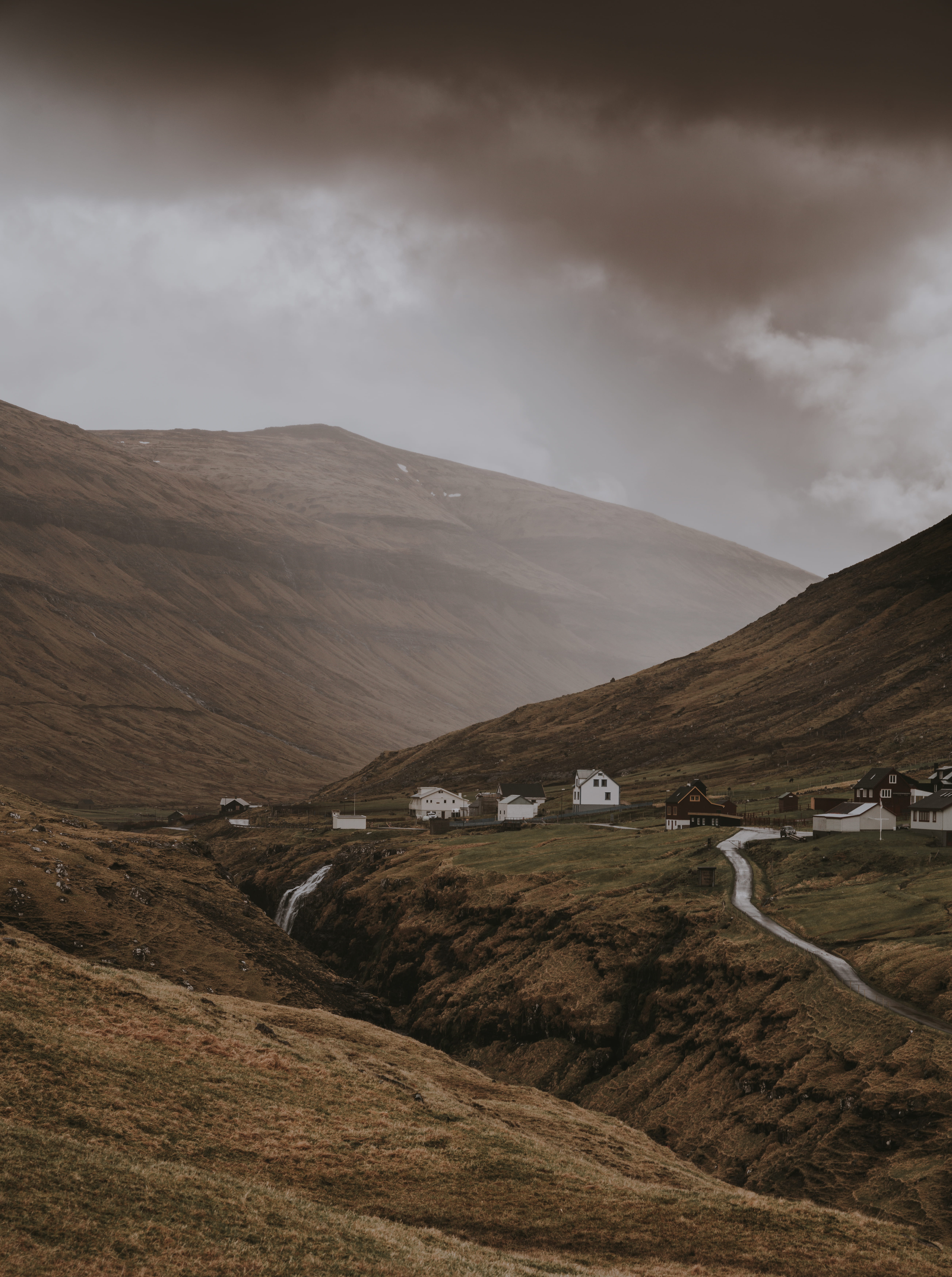 tranquil scene, highland, hillside, stream, wilderness, tranquility, beauty in nature, no people, near, day, cloudy, saksun, barren, grass, road, houses, Phone HD Wallpaper
