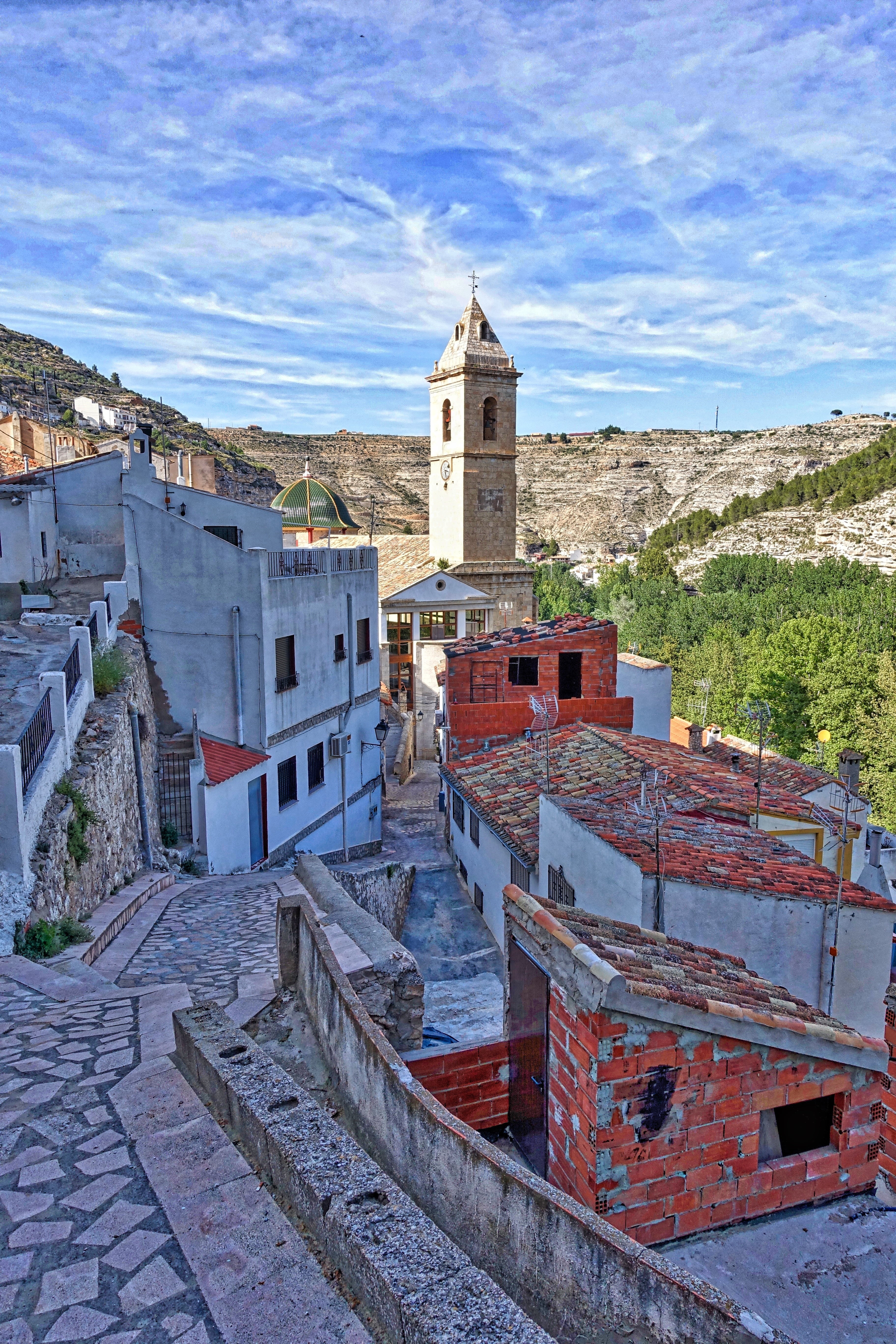 valley, place of worship, alcala del jucar, belief, 5K, hillside, the past, built structure, building, outdoors, religion, village, day, city, history, Phone HD Wallpaper