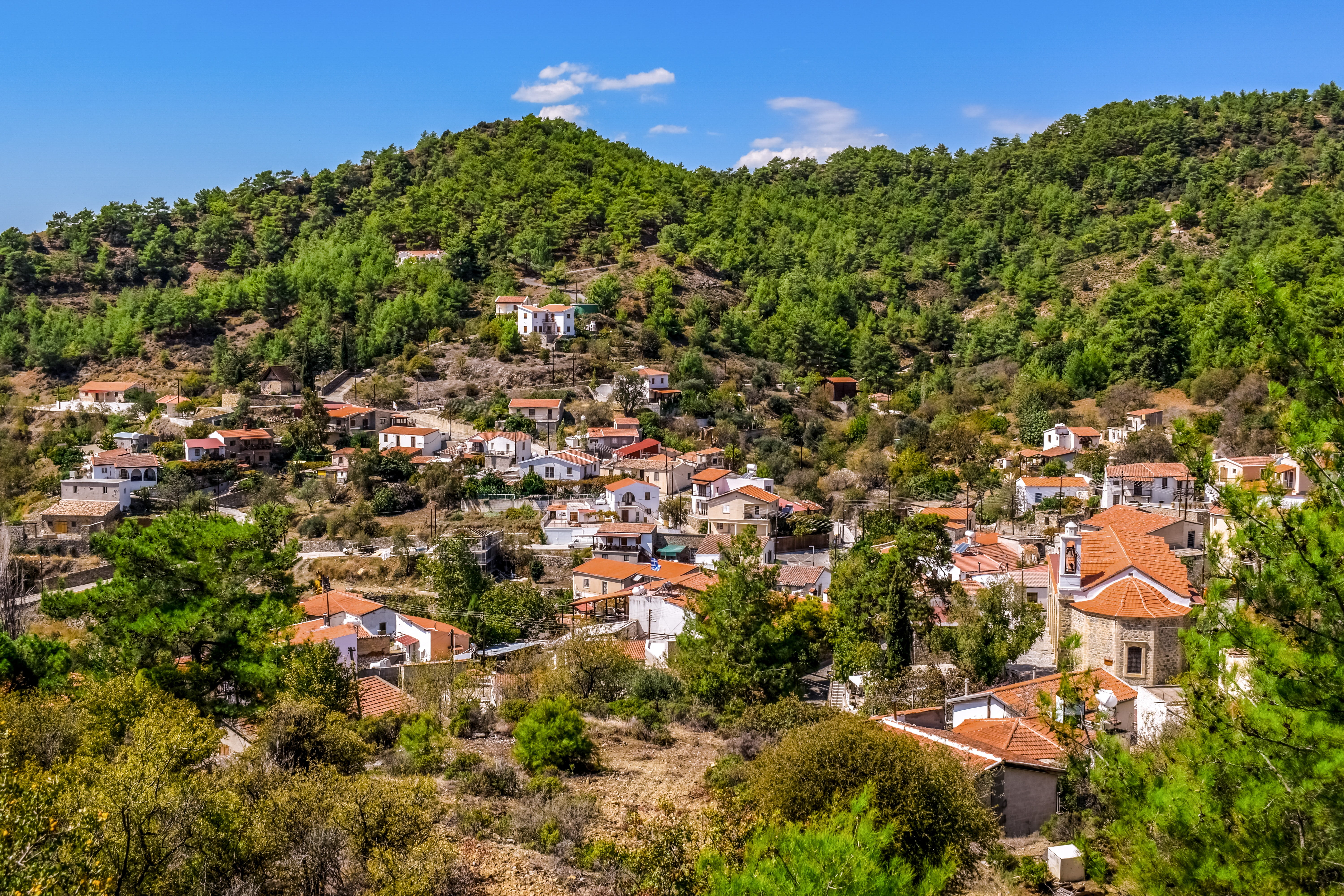 landscape, sky, roof, house, village, built structure, troodos, hillside, tree, building exterior, green color, building, growth, mountain, tranquil, panorama, HD Wallpaper