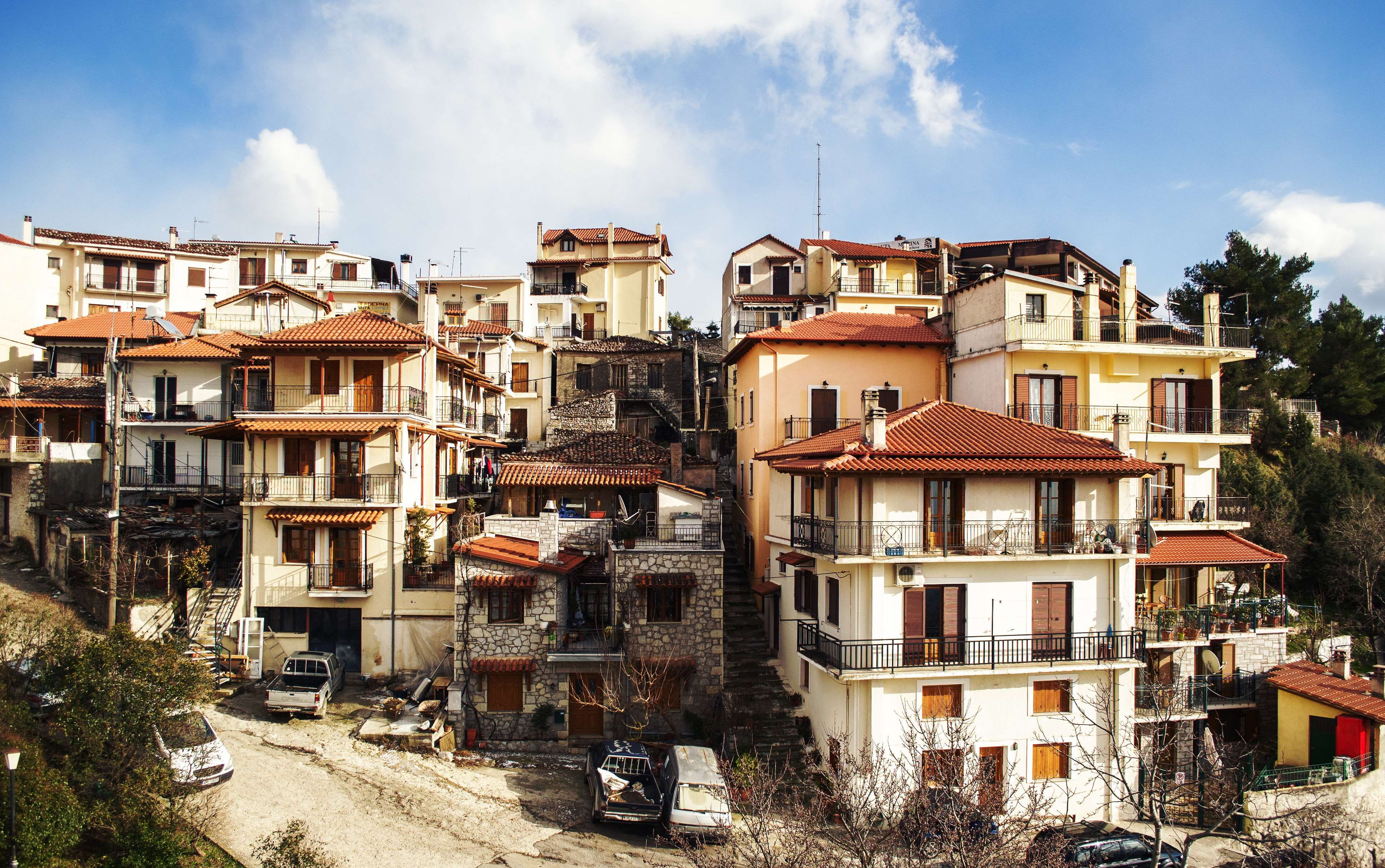 panorama, building exterior, tourism, apartment, city, tree, picturesque, plant, mountain, architecture, no people, vil, sky, greek landscape, built structure, HD Wallpaper