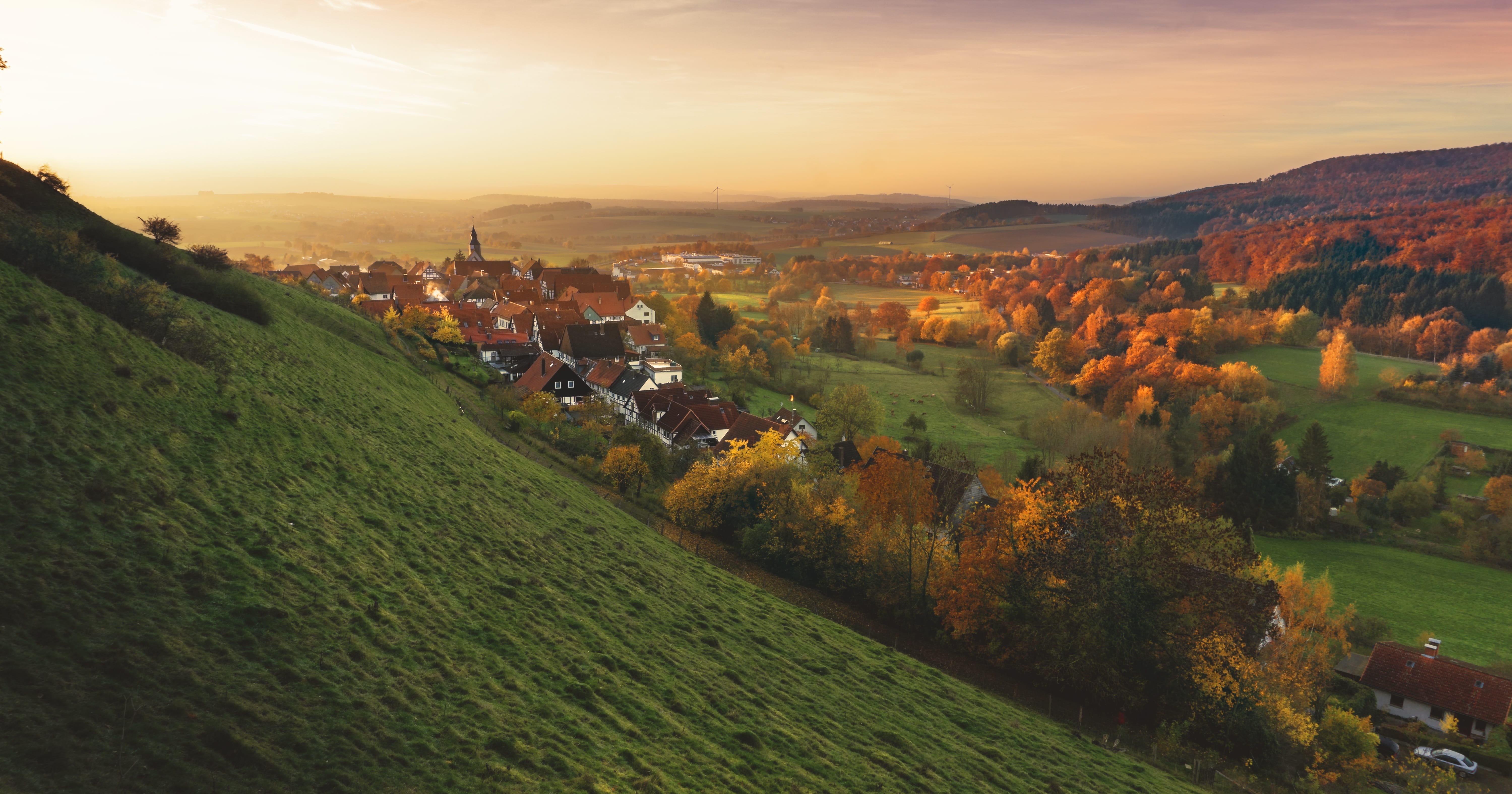 grass, outdoor, photo, beauty in nature, fall, sunlight, hill, autumn, built structure, colorful, tranquility, trees, landscape, hillside, meadow, scenic, HD Wallpaper