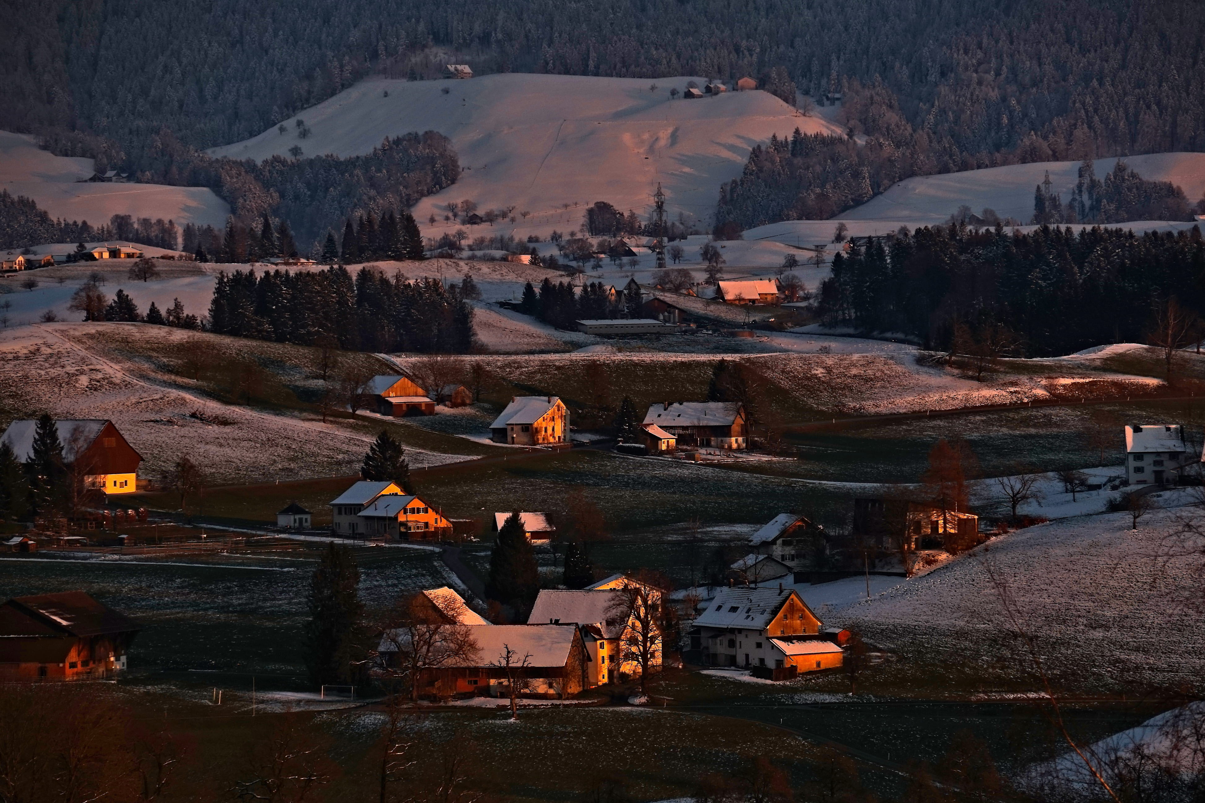 sun, winter, tourism, scenics - nature, roof, sunset, dark, travel, forest, photography, day, architecture, overlooking, no people, countryside, village, HD Wallpaper