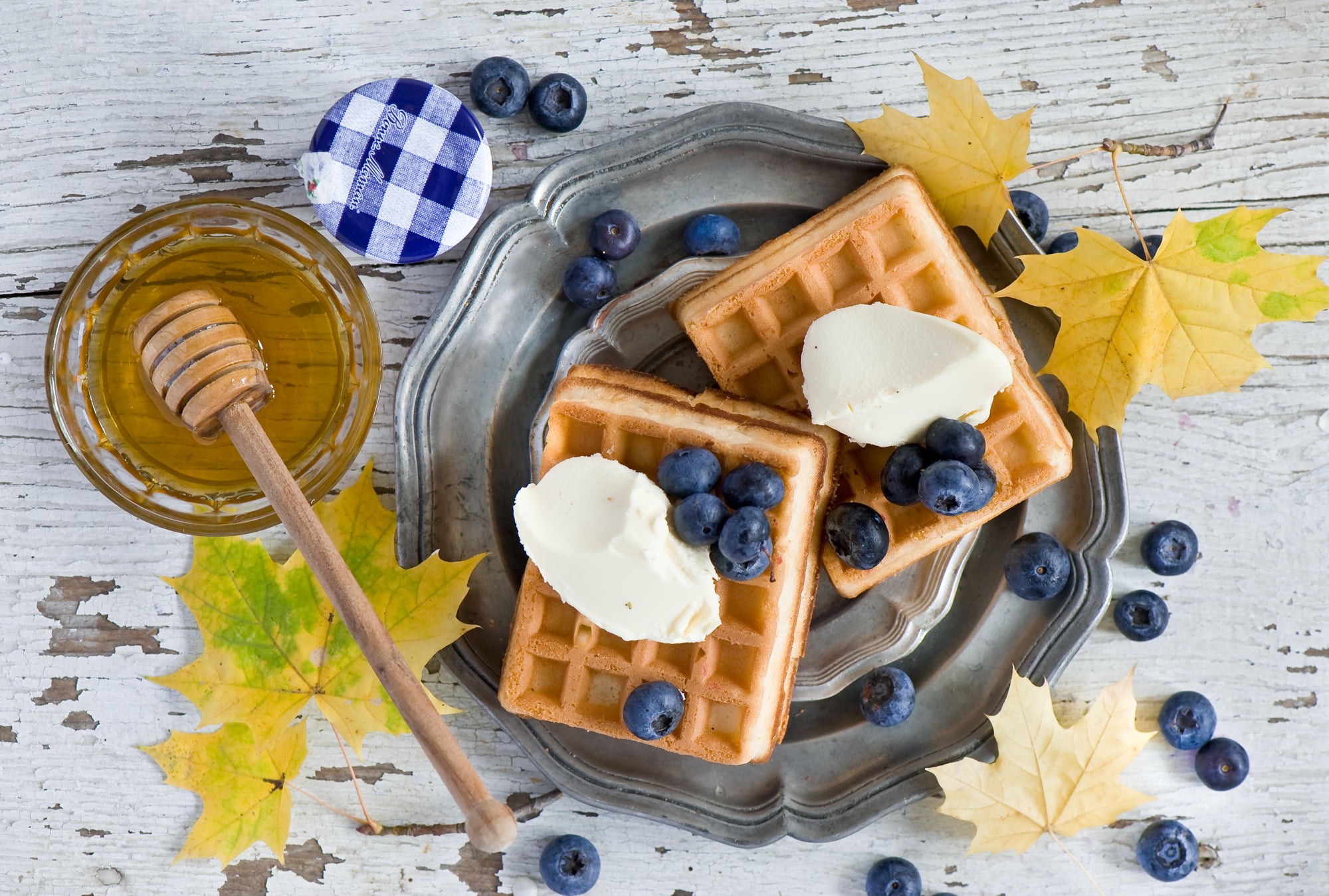 dairy product, 1080P, food, still life, spoon, blueberries, honey, directly above, blueberry, waffle, leaves, Breakfast, indulgence, autumn, fruit, sundae, HD Wallpaper