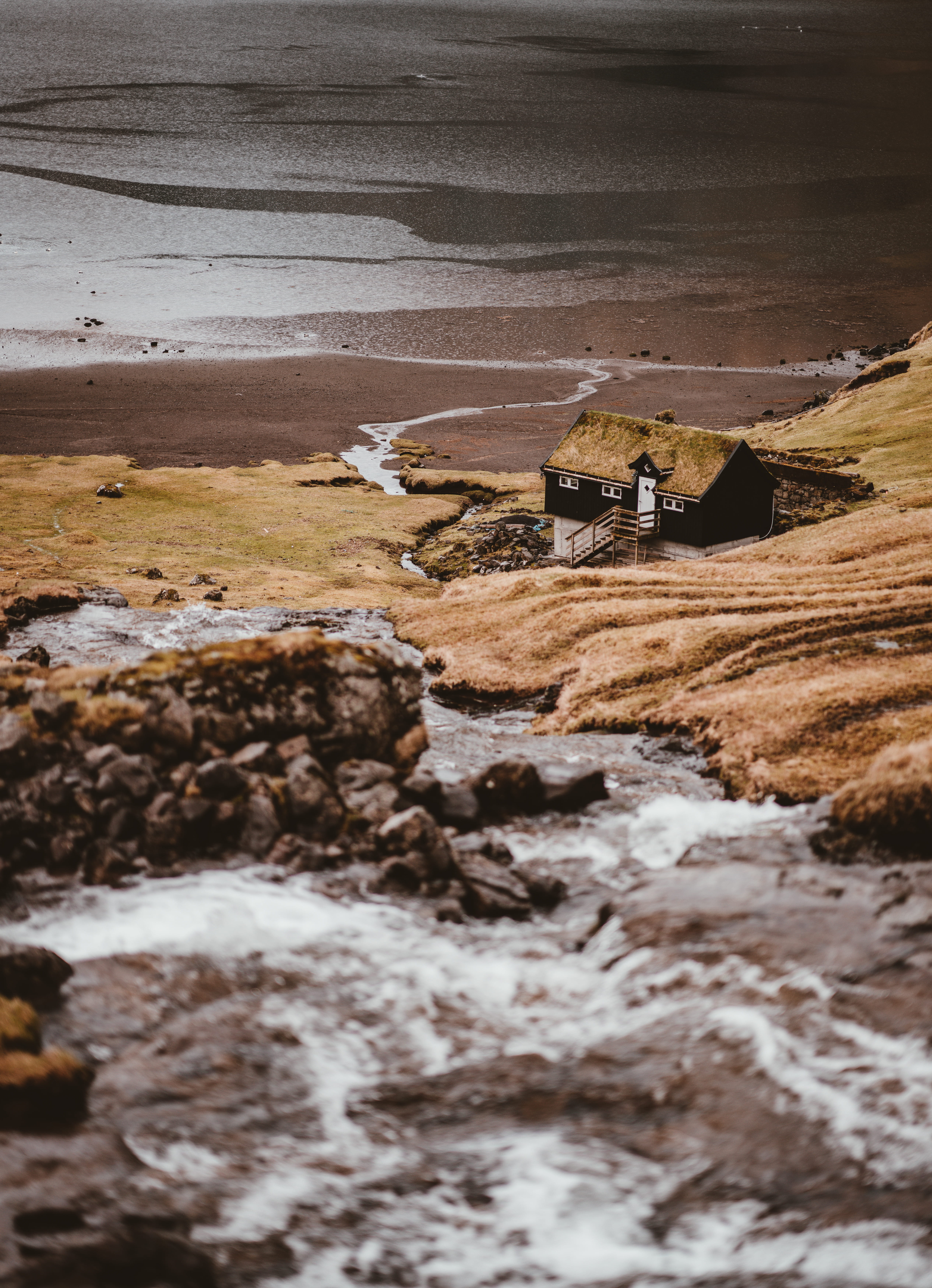 hdr, nordic, 5K, water, brown, scenery, scenics - nature, mossy roof, body, land, river, photo, tranquility, land vehicle, beach, strea, environment, .flowing, Phone HD Wallpaper
