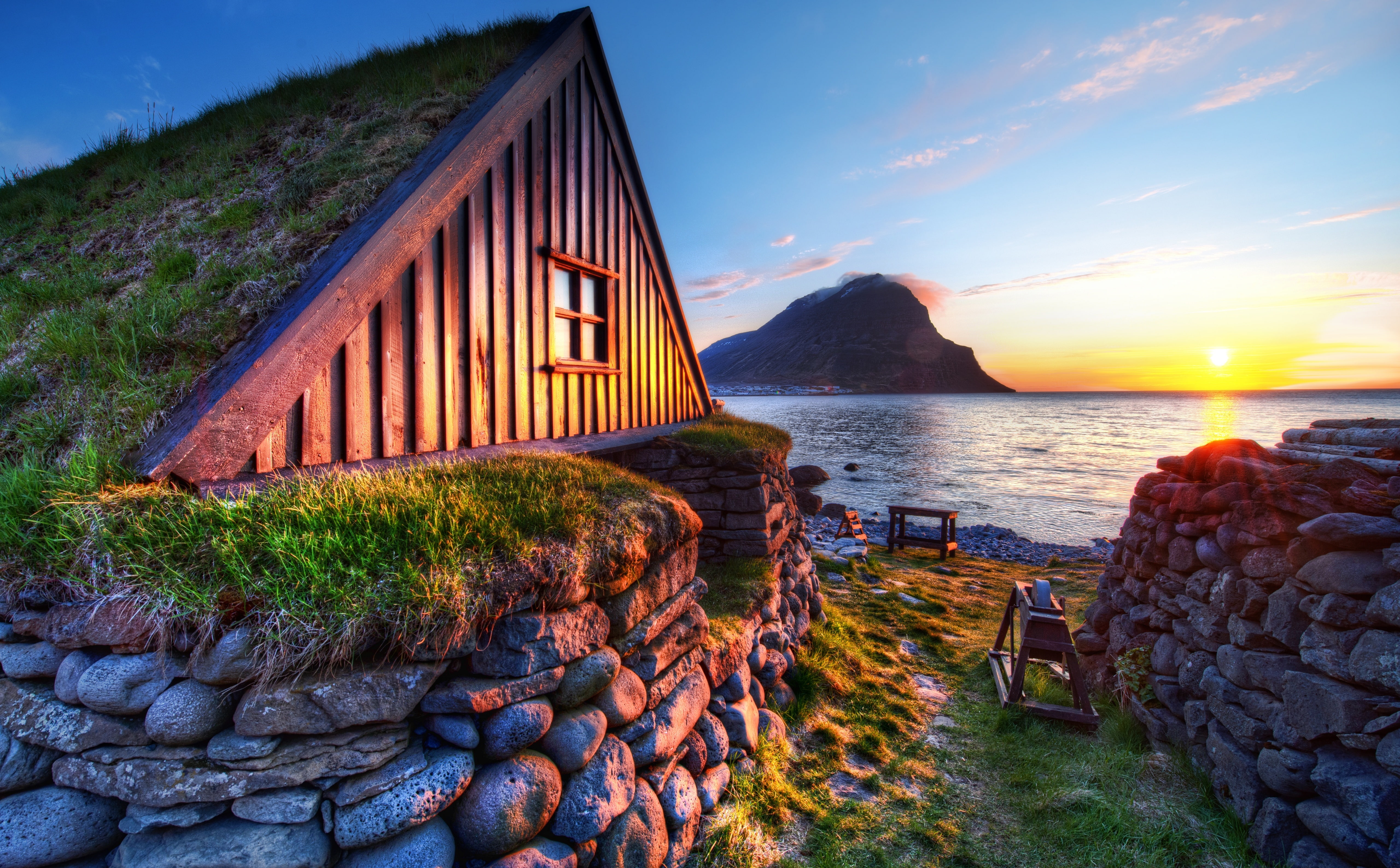Europe, beach, roof, House, brown, sunset, wooden, water, sky, Iceland, tranquil scene, rock, sea, mountain, cloud - sky, built structure, no people, land, HD Wallpaper