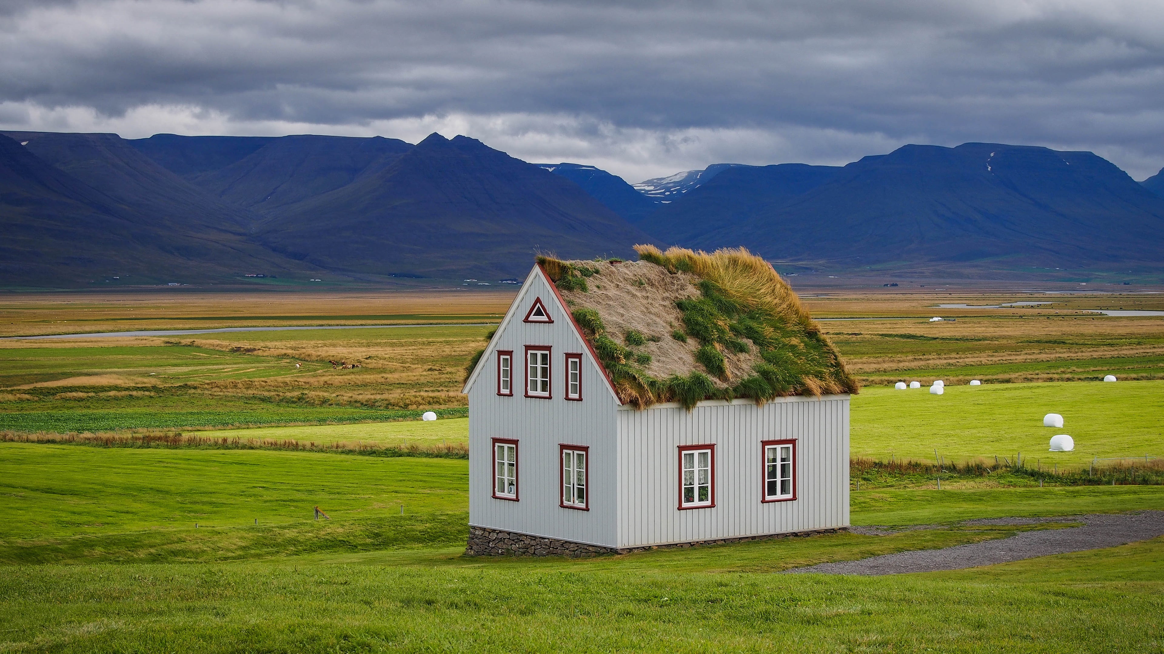 sod house, meadow, roof, soddy, mountain range, rural scene, cottage, pasture, sky, turfhouse, grassland, cloud, built structure, green color, nature, architecture, HD Wallpaper