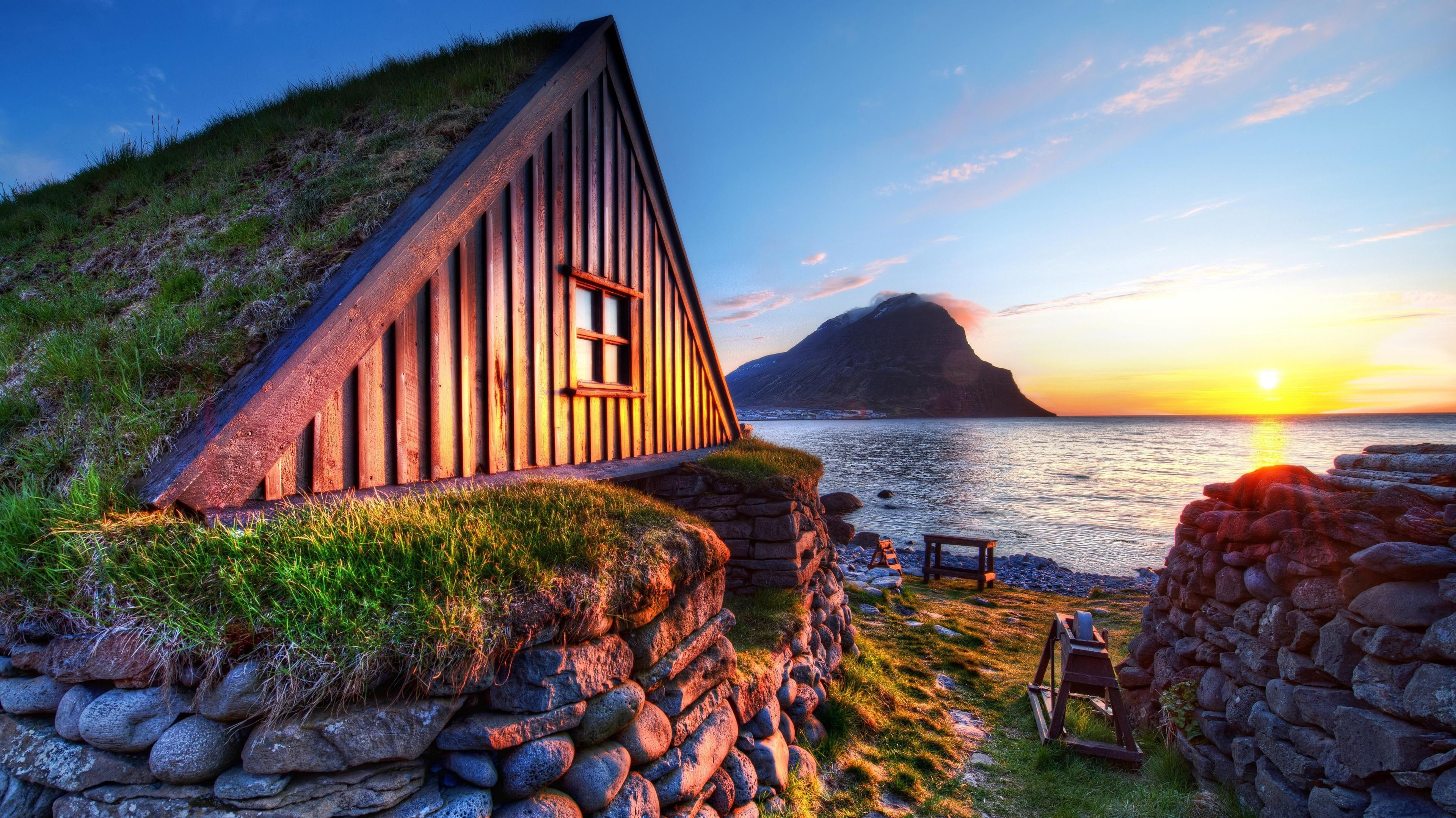 europe, sea, shore, stones, iceland, osvor museum, bolungarvik, cozy, cottage, turf house, homelike, hut, sunset, 4K, HD Wallpaper