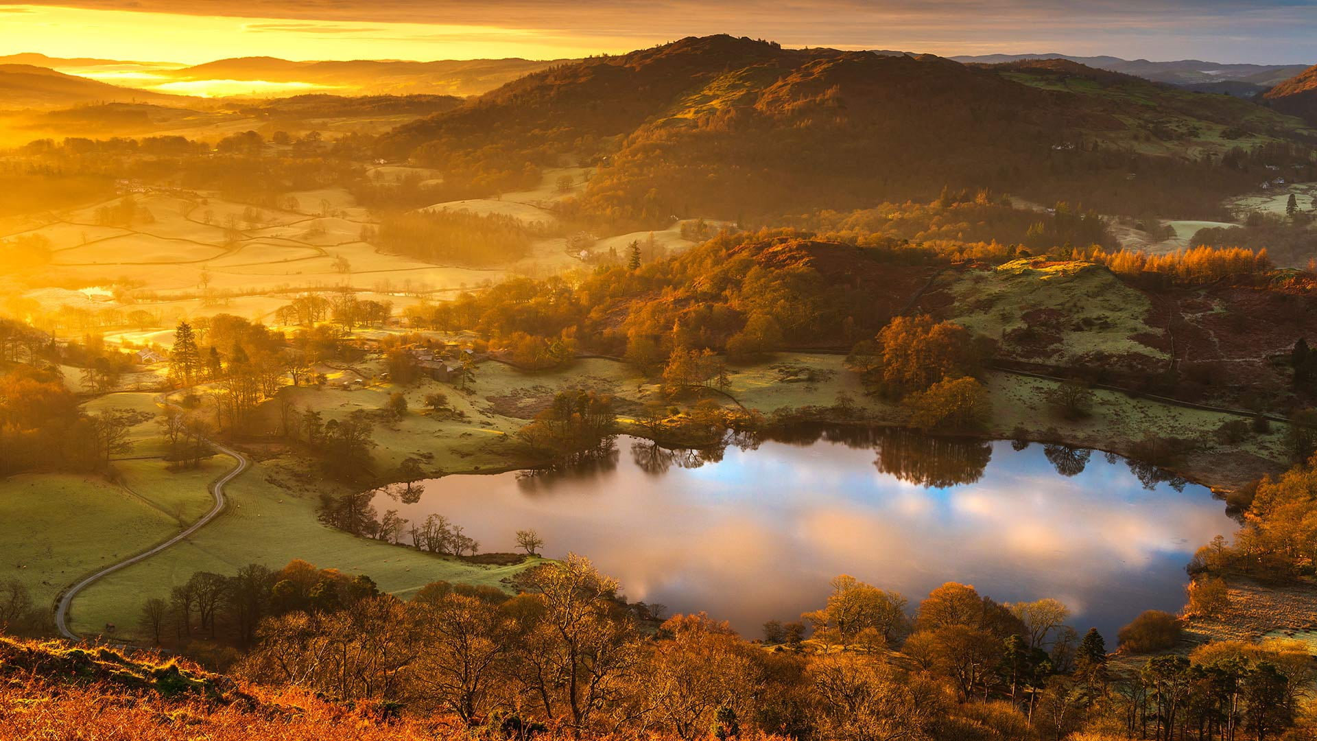 glow, The lake district, 1080P, England, Cumbria, lake Latrigg tarn, HD Wallpaper