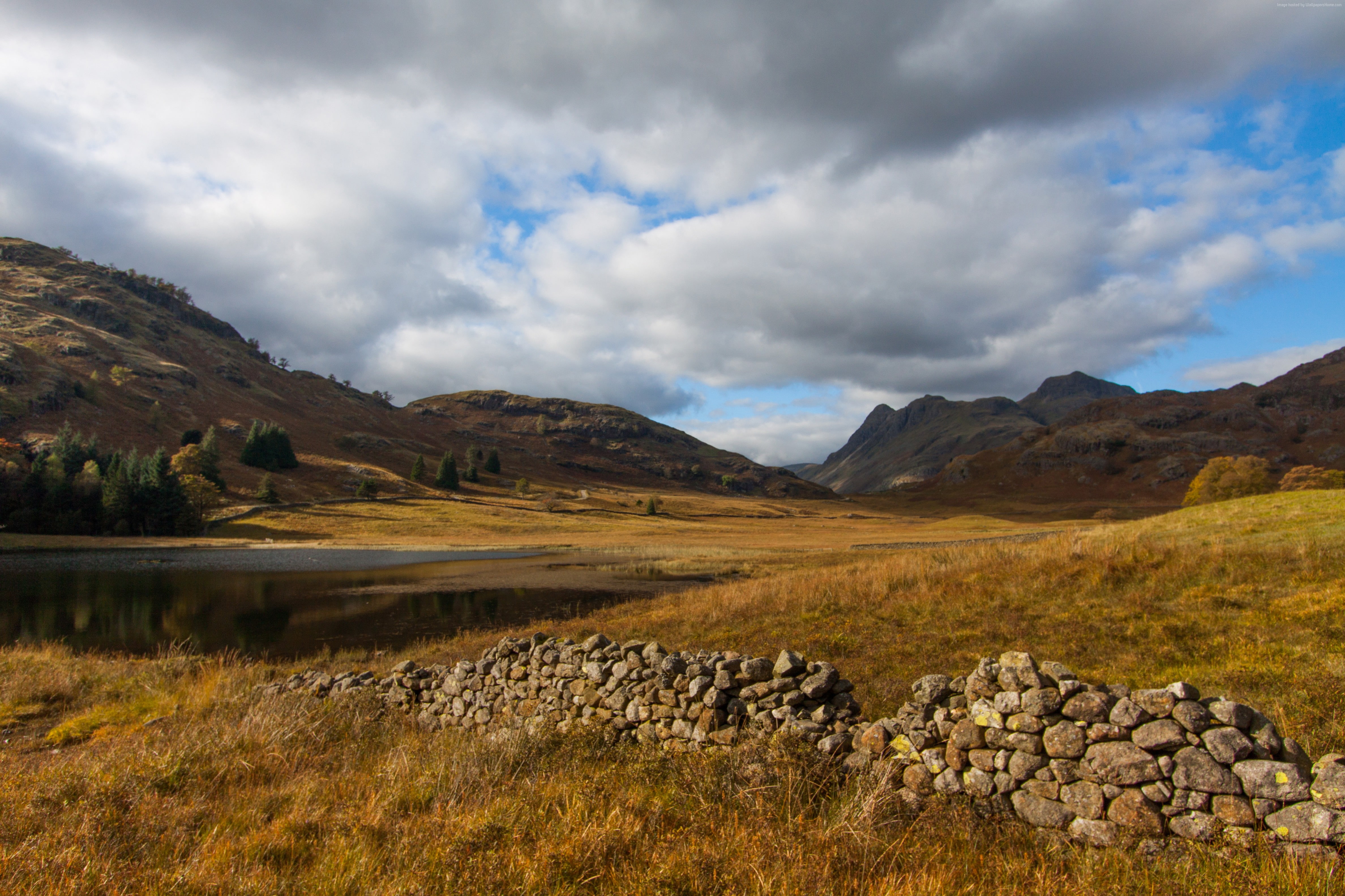 England, Blea Tarn, hills, Cumbria, meadows, Lake District, 4k, 5k, clouds, 4K, HD Wallpaper