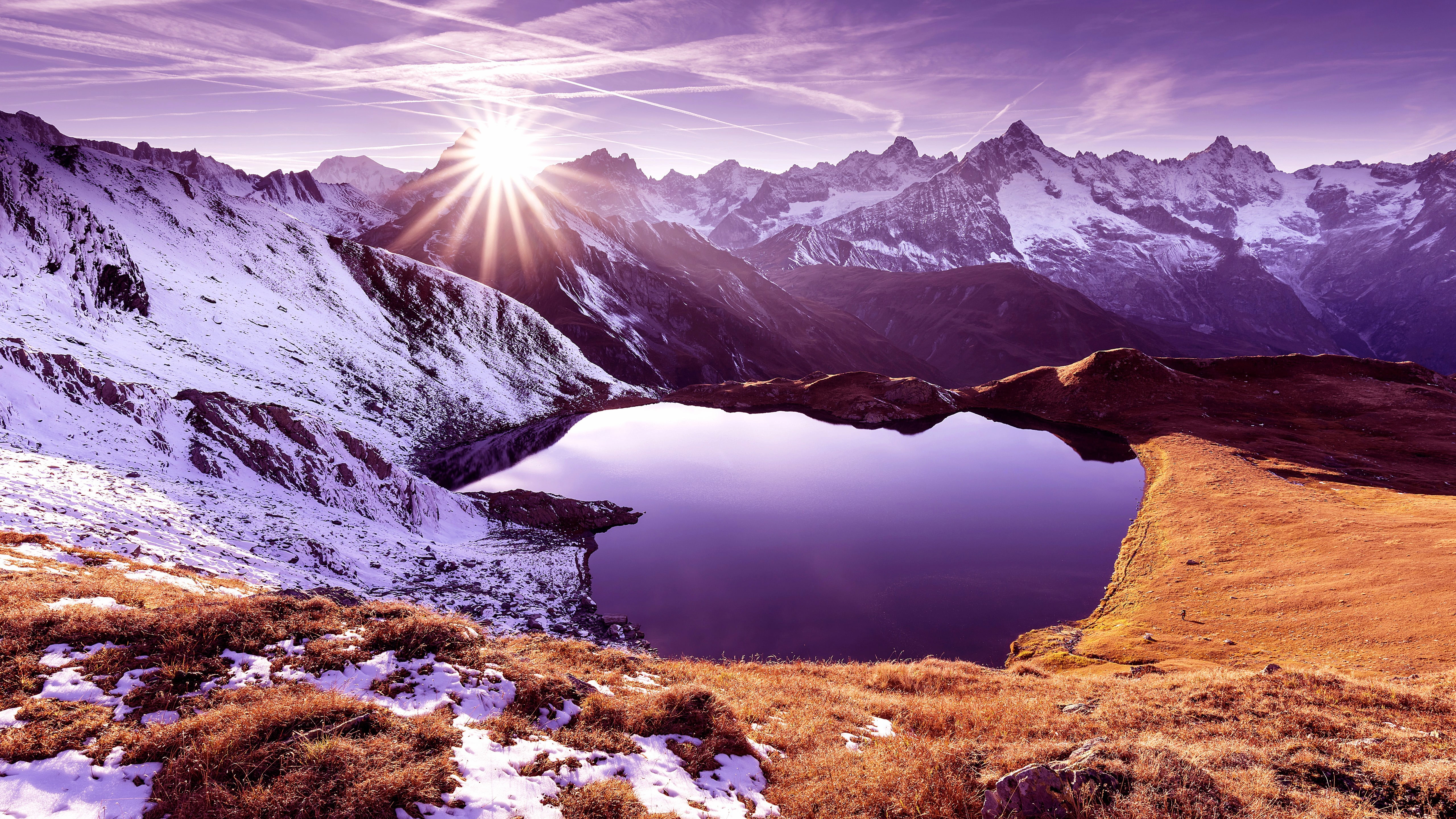 sunshine, ridge, 5K, pond, sky, wilderness, nature, sun ray, mountain range, tarn, heart lake, lake, mountain, mountain lake, sunlight, HD Wallpaper