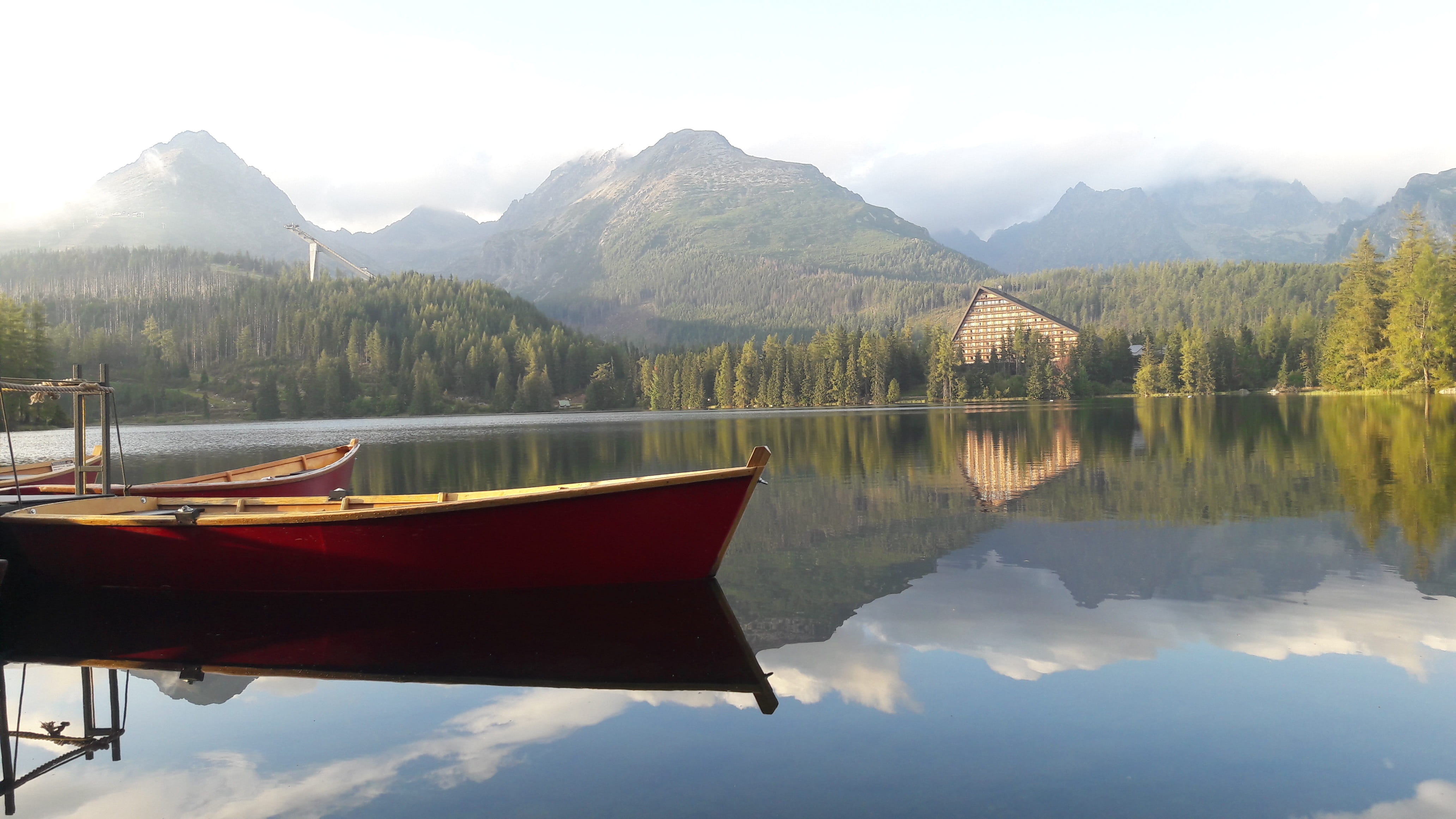 mountain, non-urban scene, nature, boat, no people, water, rowboat, 4K, scenics - nature, sky, vysoké tatry, reflection, tree, transportation, day, tranquil scene, HD Wallpaper