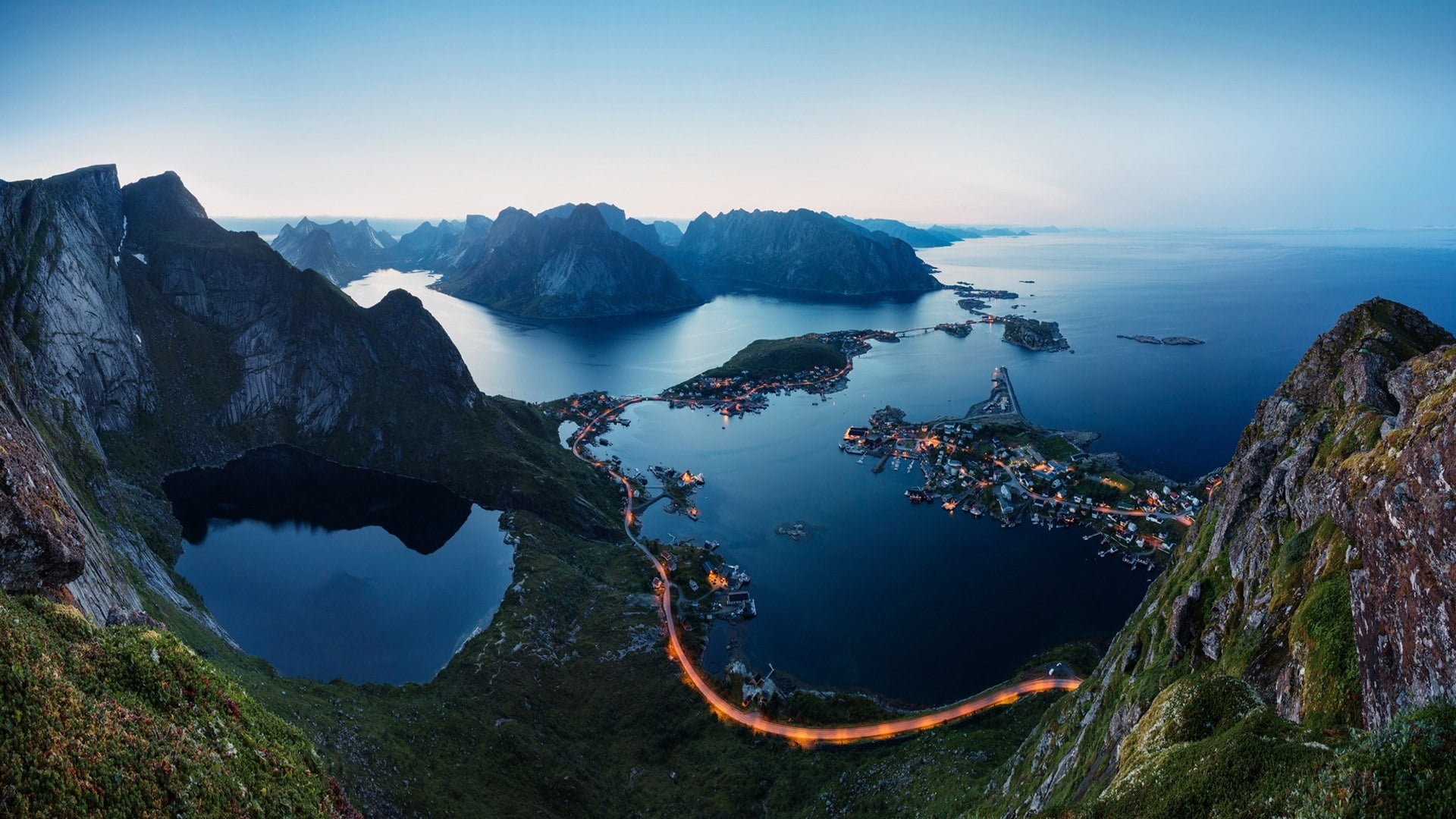 high angle view, 1080P, beauty in nature, fjord, tranquil scene, reinebringen, solid, village, mountain, rock - object, outdoor, europe, norwegian sea, HD Wallpaper