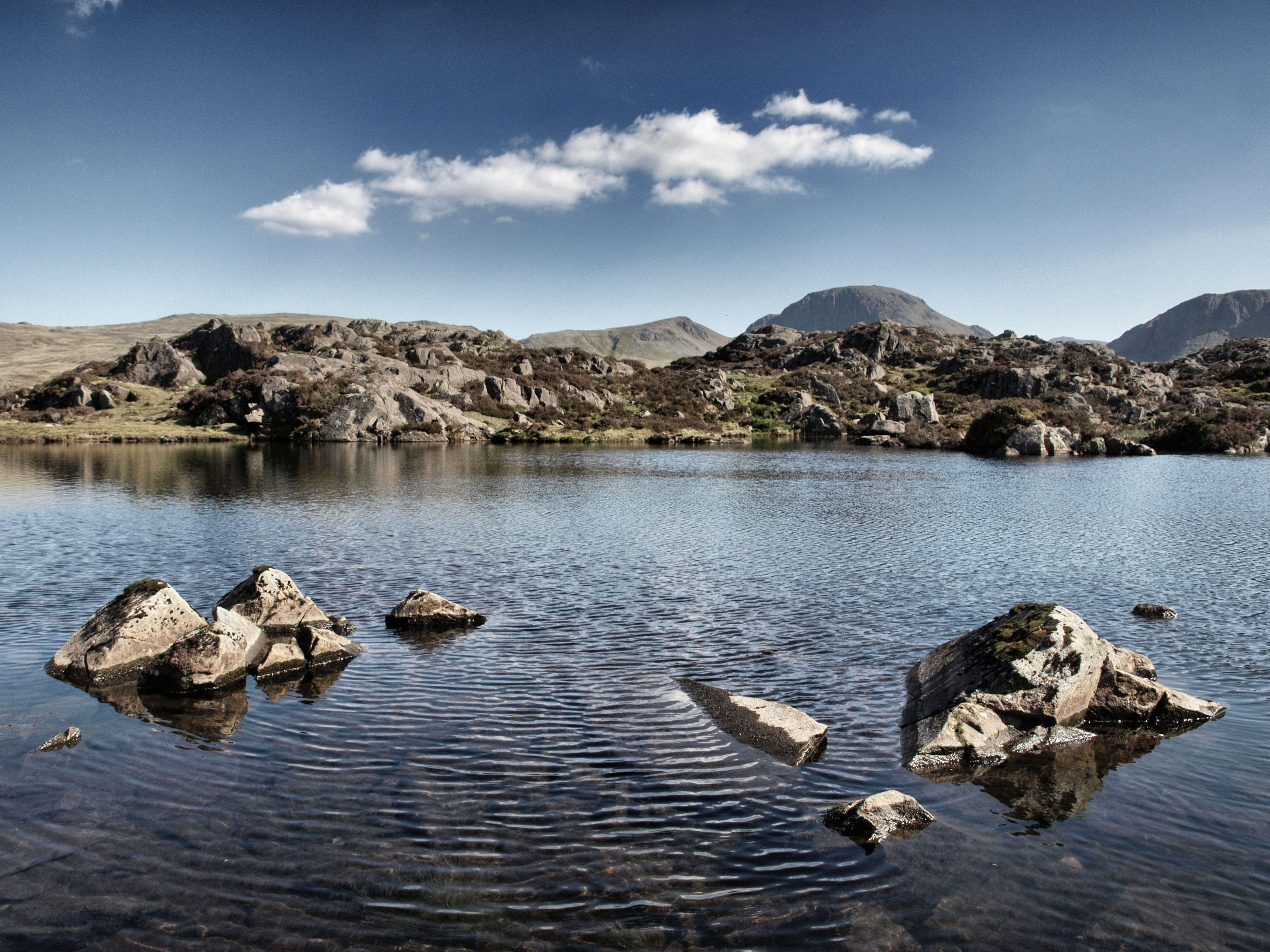 no people, tranquil scene, 2K, innominate tarn, tarn, nature, sky, rock, lake district, tranquility, animal wildlife, day, cumbria, england, mountain, HD Wallpaper