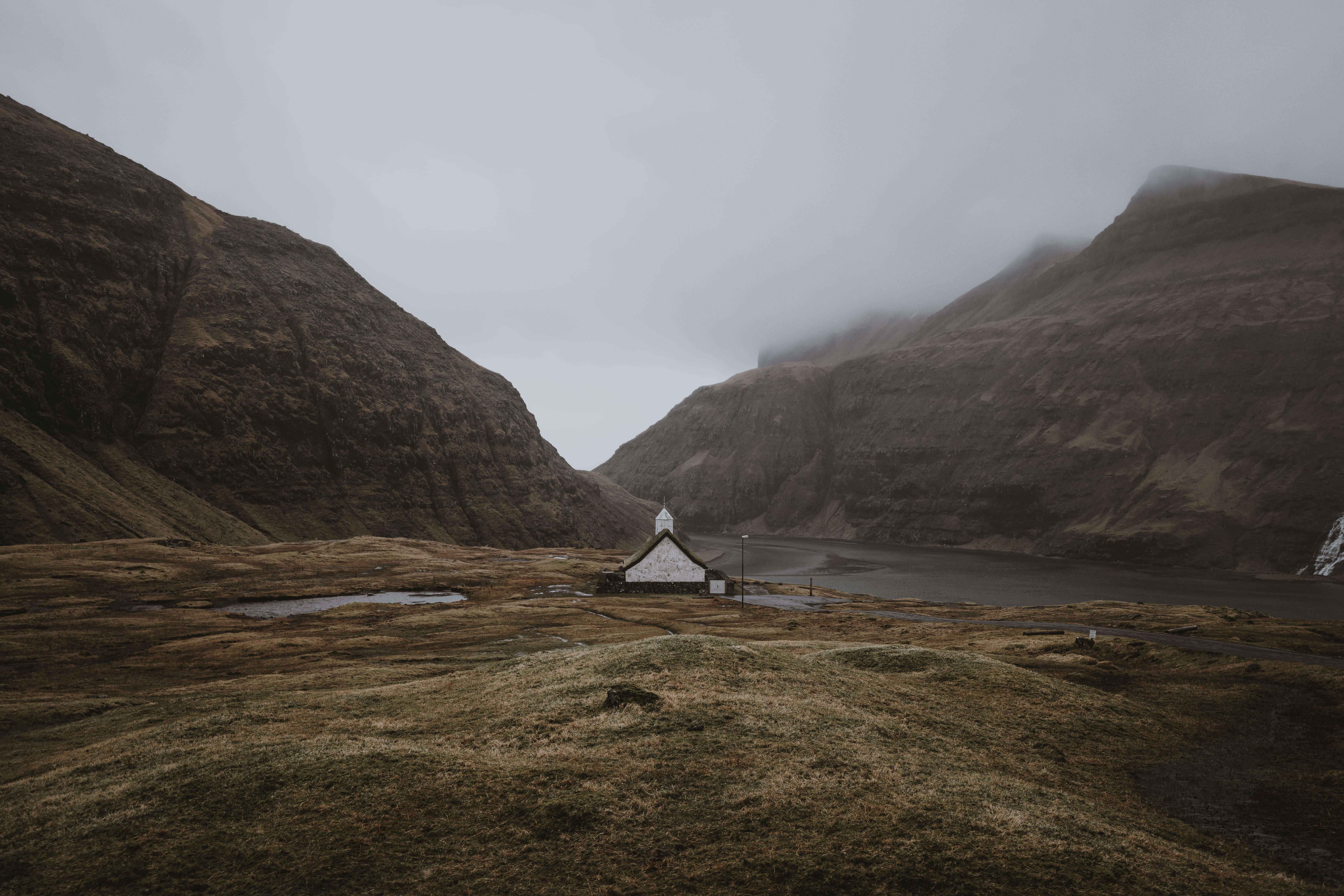 scenics, outdoors, mountain, mountain Peak, mountain Range, fog, hill, europe, fjord, no People, faroe islands, travel, chapel, 8K, sky, landscape, cove, HD Wallpaper