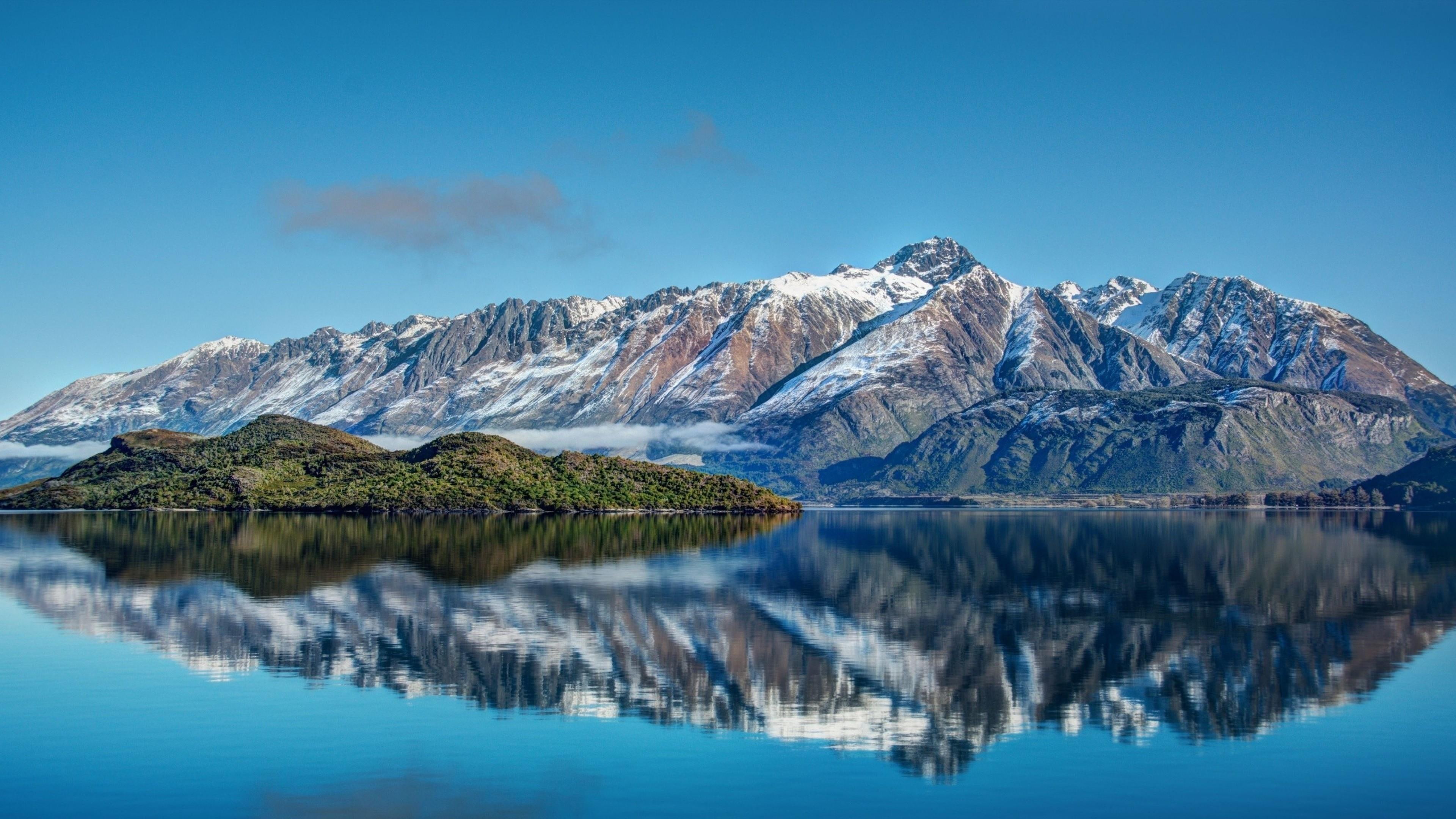 mountain range, 4K, blue sky, coast, mount scenery, ocean, queenstown, sky, aotearoa, lake wakatipu, new zealand, water, reflected, wilderness, reflection, HD Wallpaper