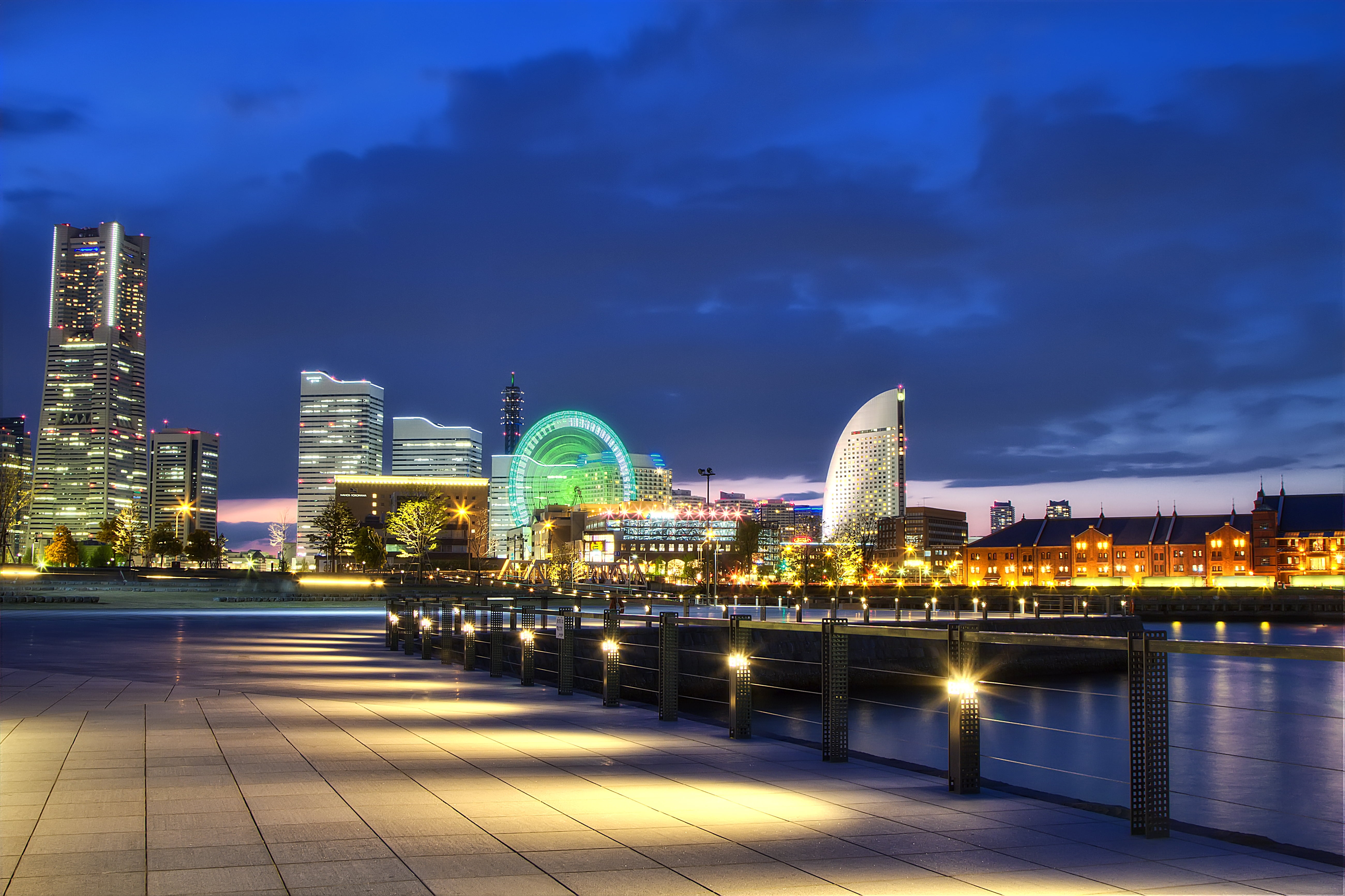 promenade, motion, twilight, near, sky, japan, nature, metropolis, amusement park ride, river, construction Industry, amusement park, illuminated, dusk, HD Wallpaper