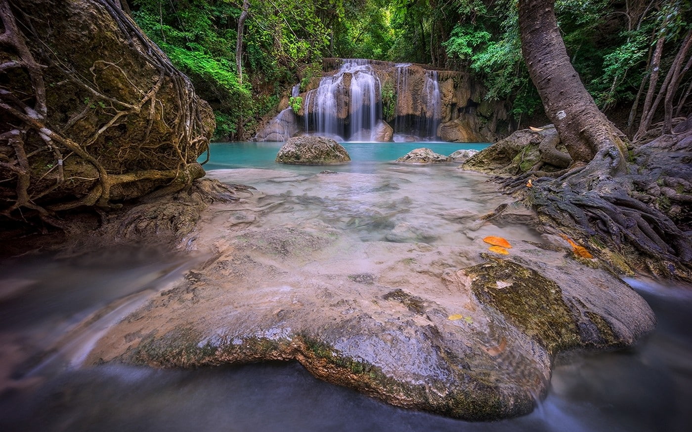 Thailand, nature, foliage, waterfall, landscape, turquoise, forest, green, 720P, tropical, roots, HD Wallpaper