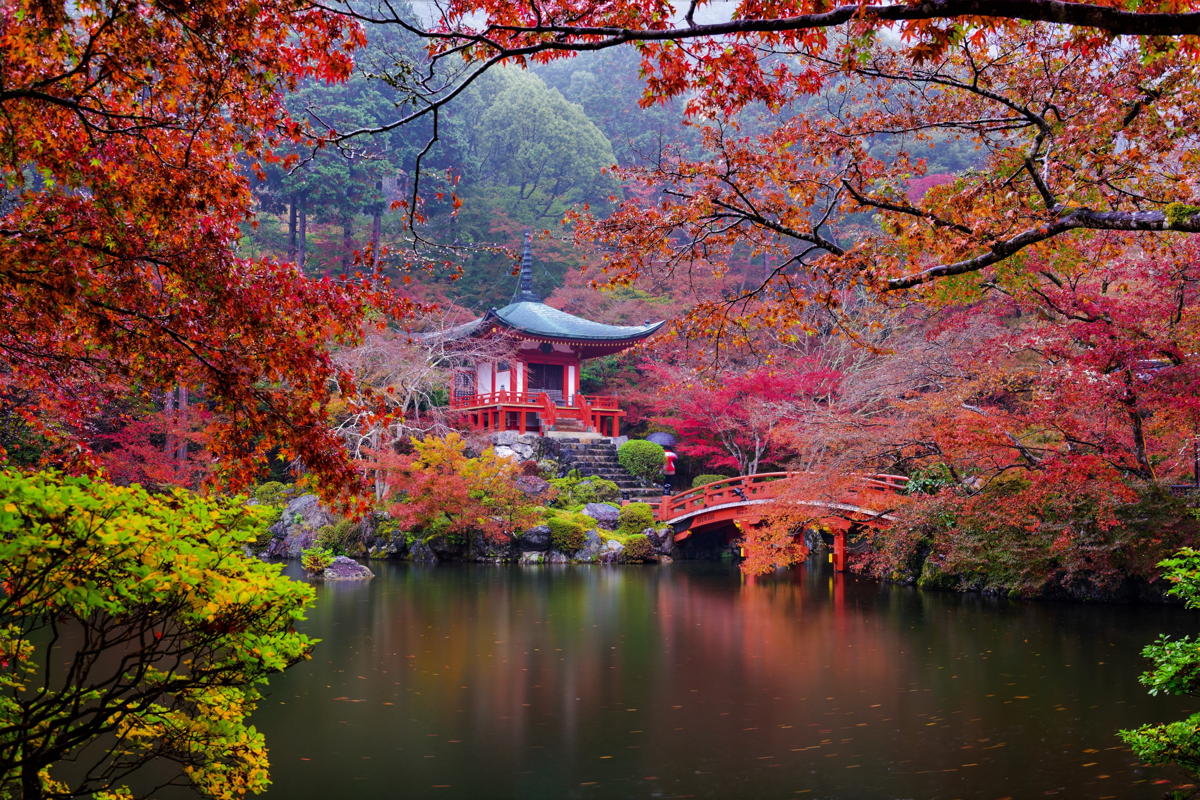 daigo ji 4k best wallpapers for pc, maple tree, beauty in nature, maple leaf, orange color, built structure, change, scenics - nature, outdoors, waterfront, HD Wallpaper