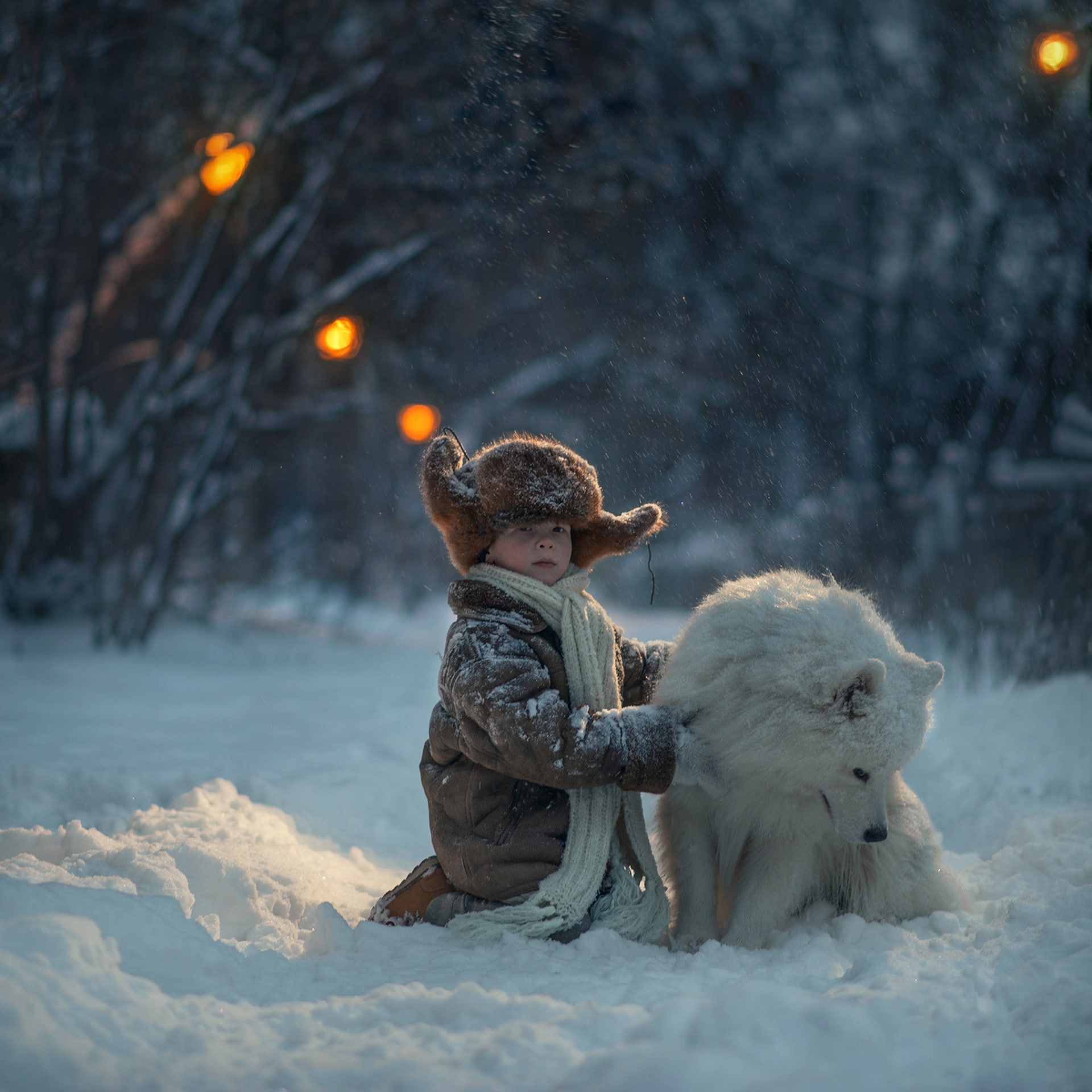dog, winter, 1080P, boy, friends, Samoyed, snow, hat, scarf, Phone HD Wallpaper