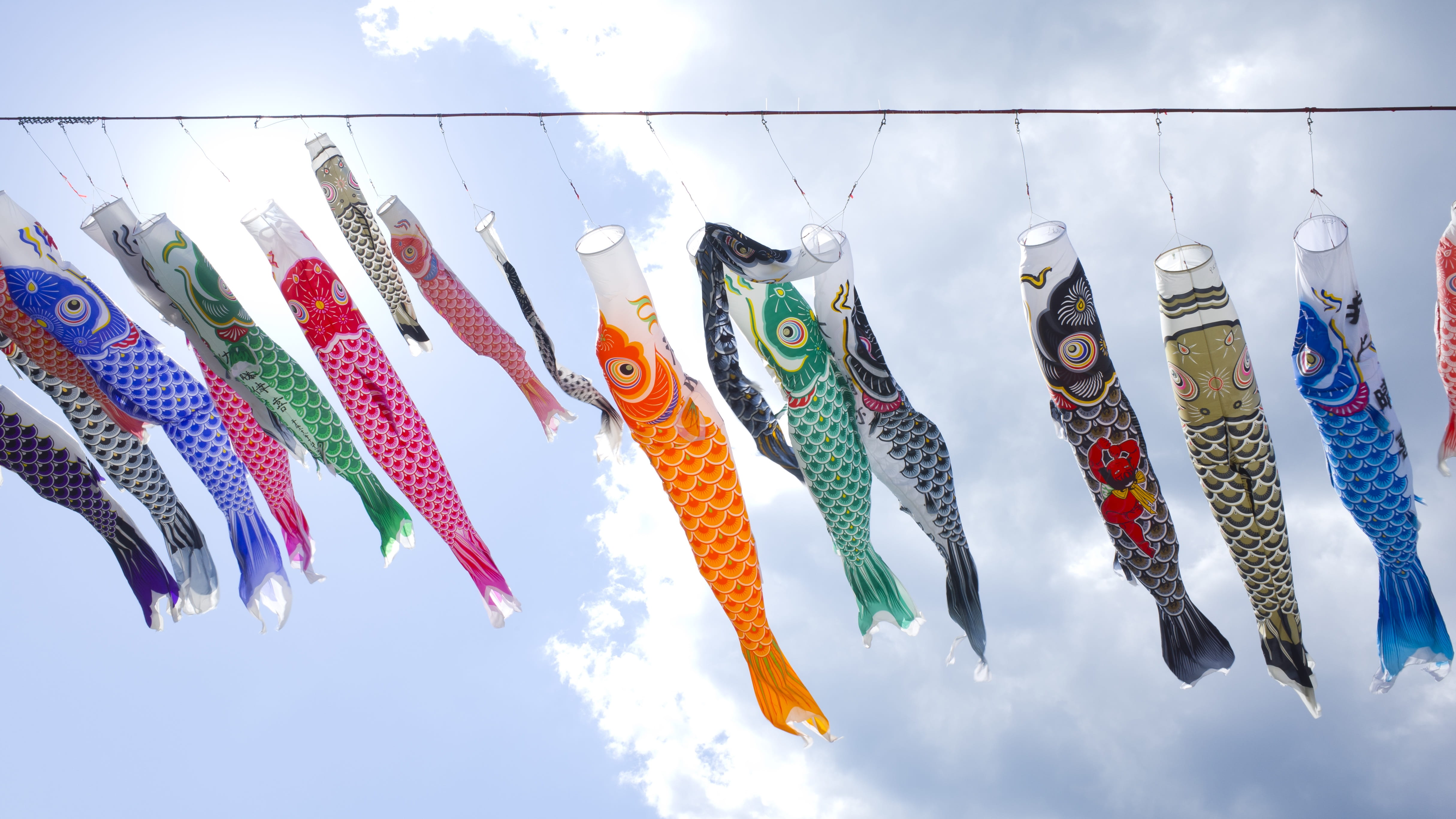 celebration, ornament, culture, outdoors, fish, carp streamer, clear skies, side by side, representation, hanging, sun, large group of objects, japanese style, HD Wallpaper