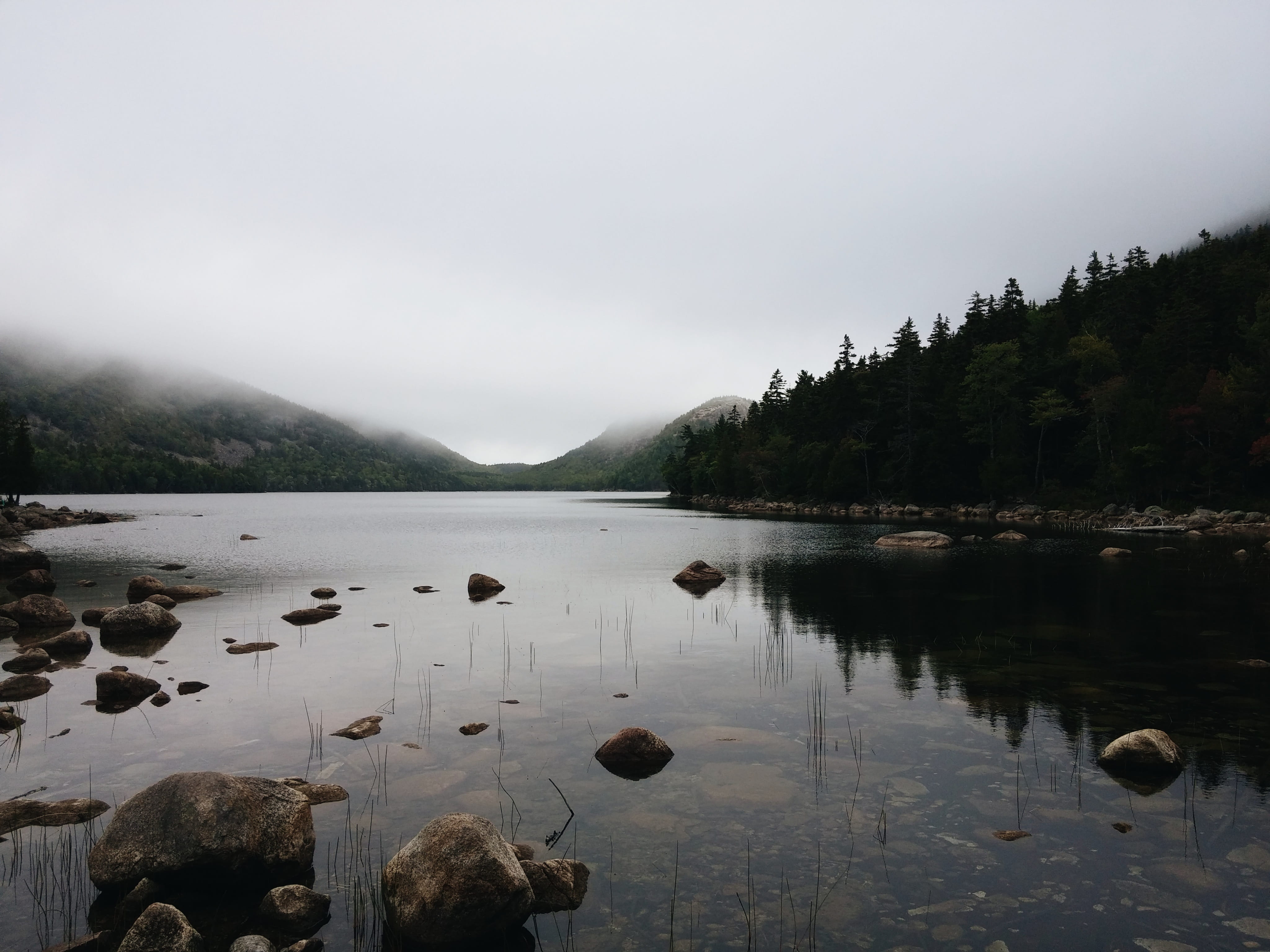 non-urban scene, 4K, day, tranquil scene, tranquility, nature, solid, reflection, idyllic, sky, scenics - nature, fog on jordans pond, united states, fog, HD Wallpaper