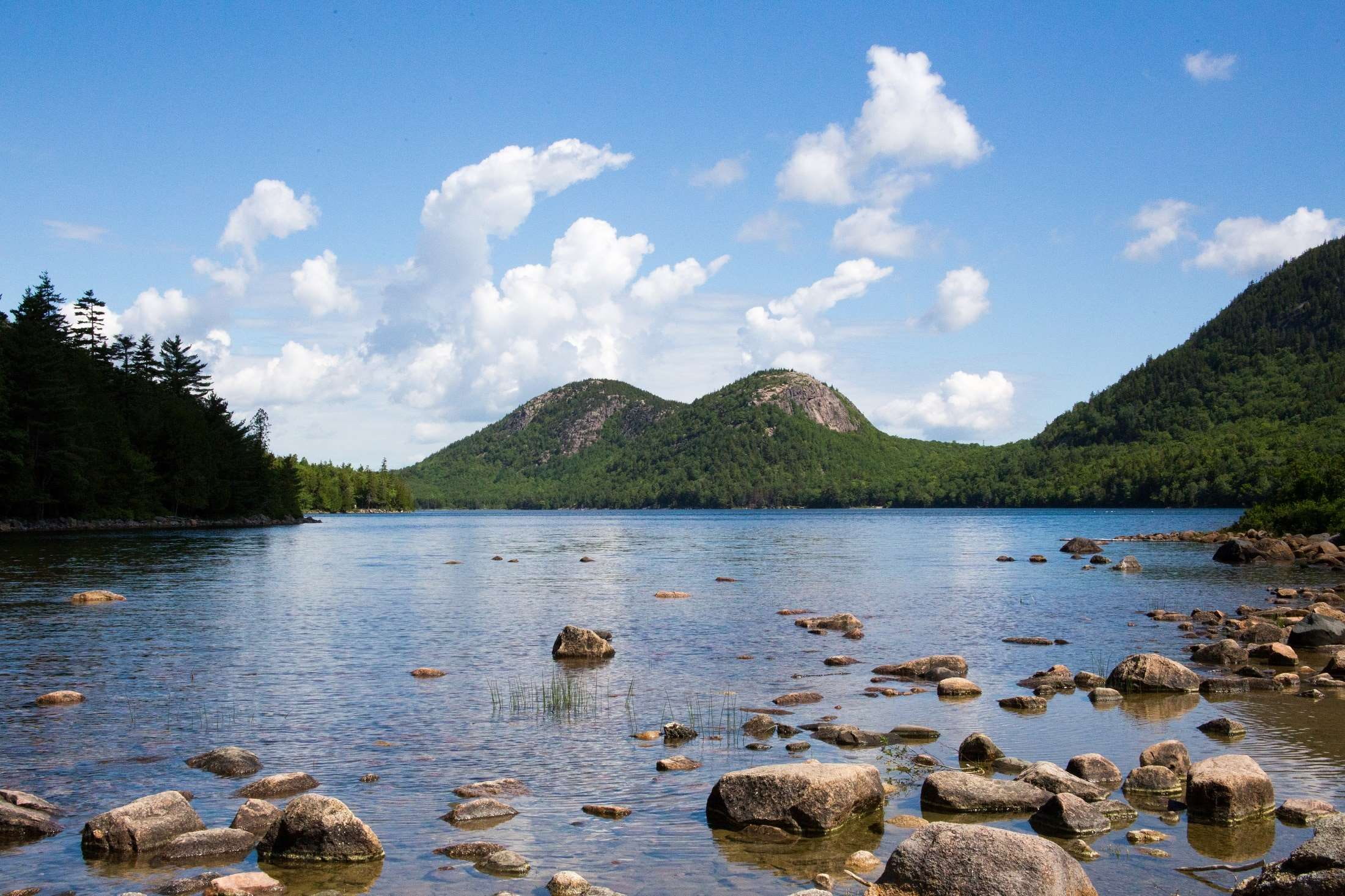 non-urban scene, carriage roads, mountains, rock, outdoors, sky, usa, rock - object, scenics - nature, clouds, bar harbor, trees, lake, rocks, plant, solid, HD Wallpaper