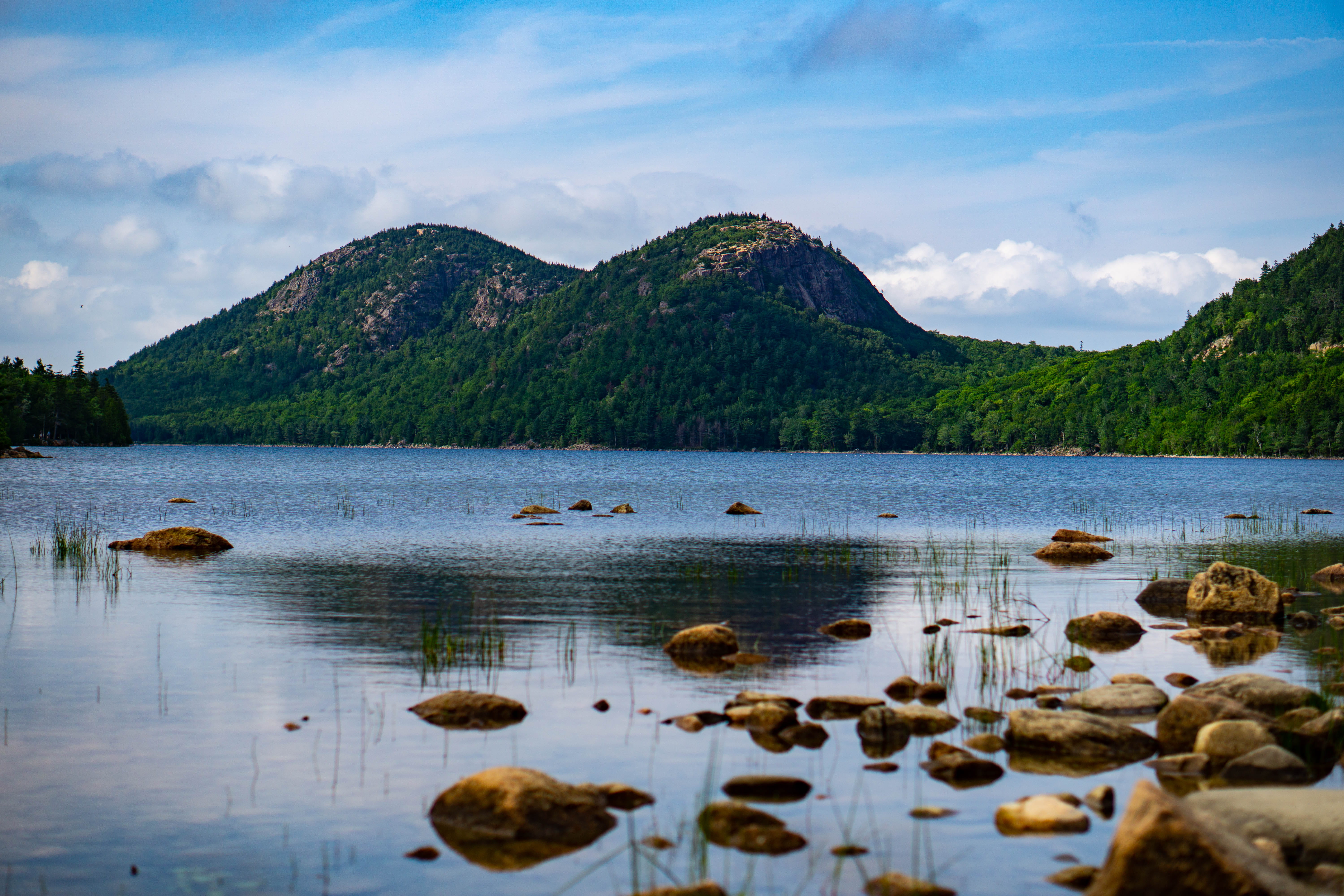 scenics - nature, tranquility, mount desert, waterfront, idyllic, plant, water, sky, day, jordan pond, mountain peak, tree, cloud - sky, 5K, reflection, HD Wallpaper