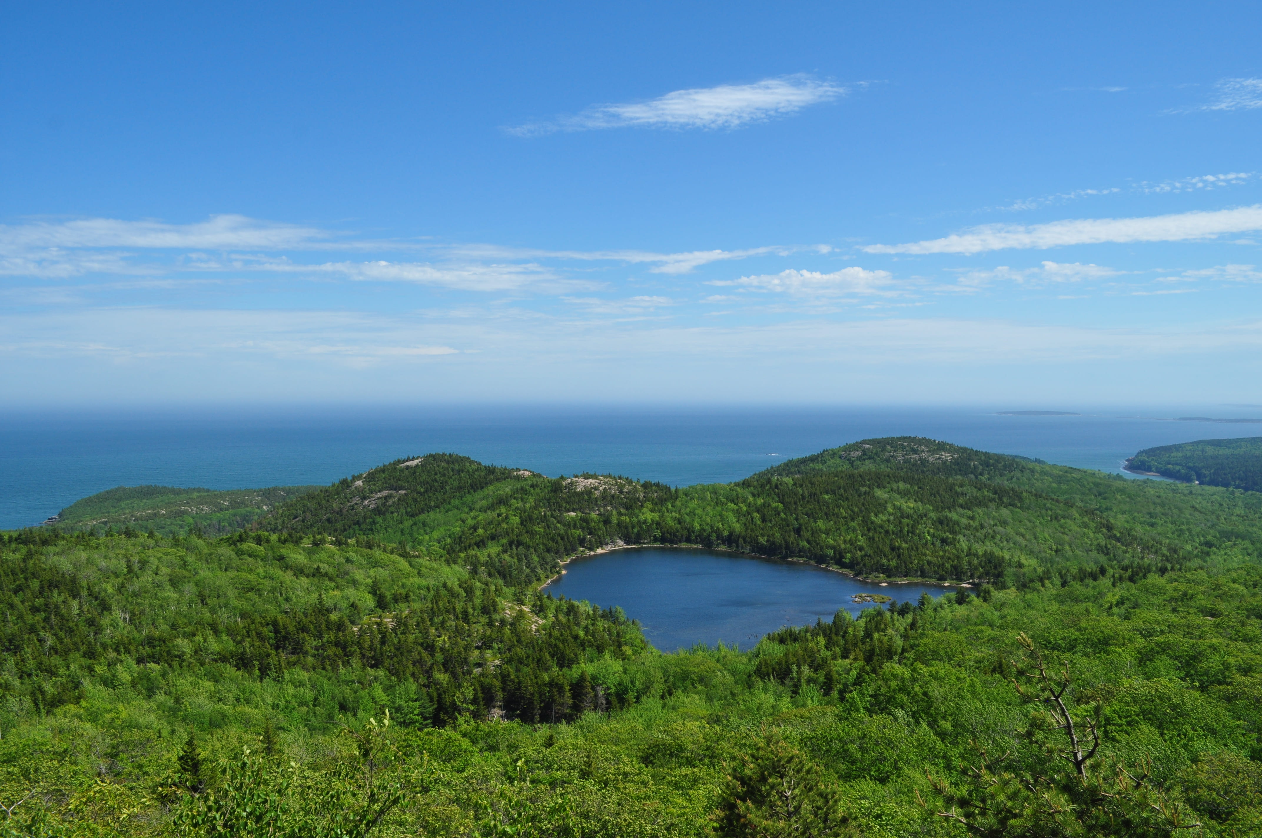 lake, mountain, cloud - sky, green color, glacial, acadia nation park, hike, outdoors, plant, downeast, 4K, summer, nature, tranquil scene, horizon over water, HD Wallpaper