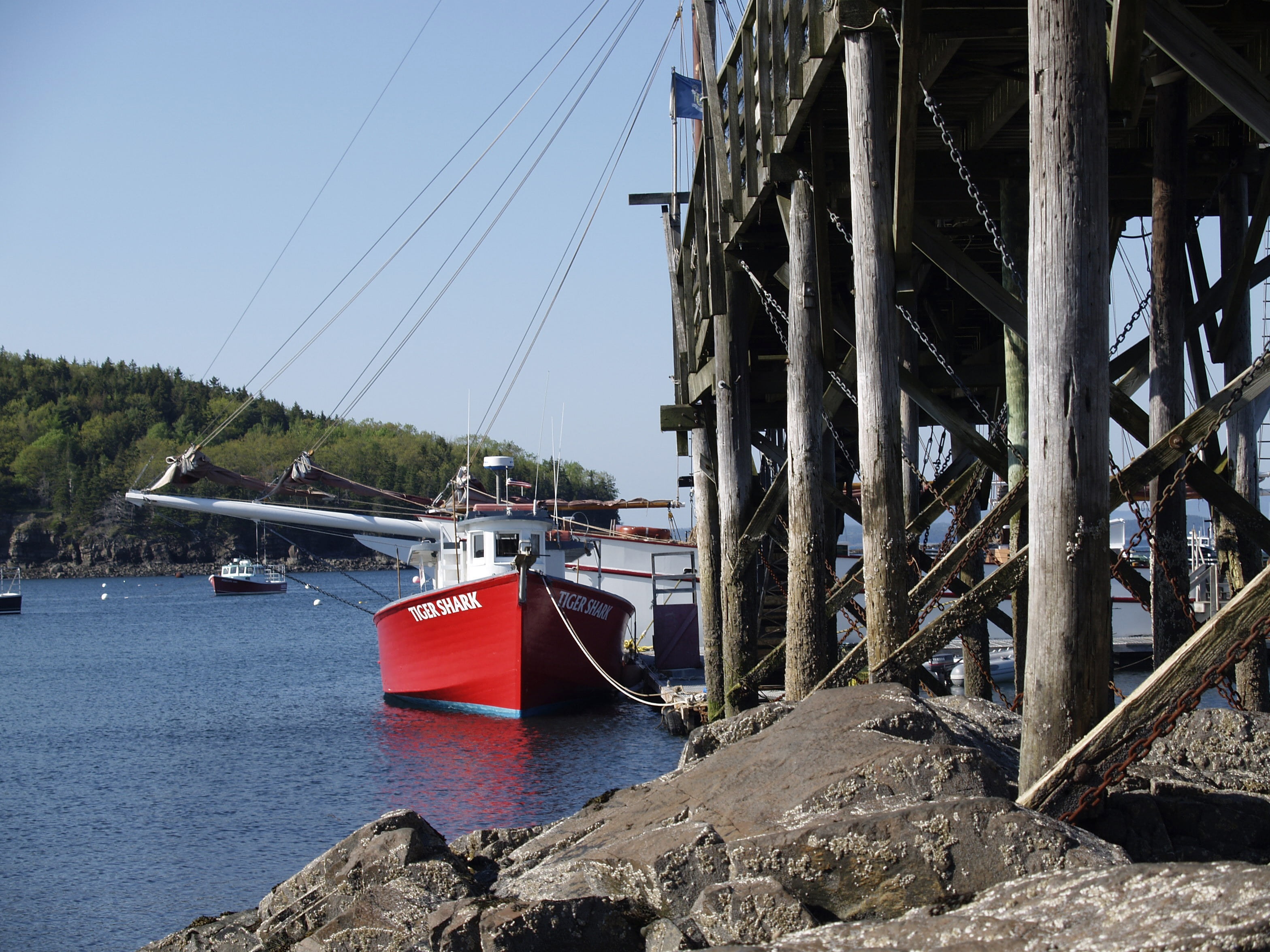 rocks, ship, boat, sea, architecture, nature, sky, outdoors, shoreline, massasuchetts, pole, acadia national park, day, built structure, landscape, water, HD Wallpaper
