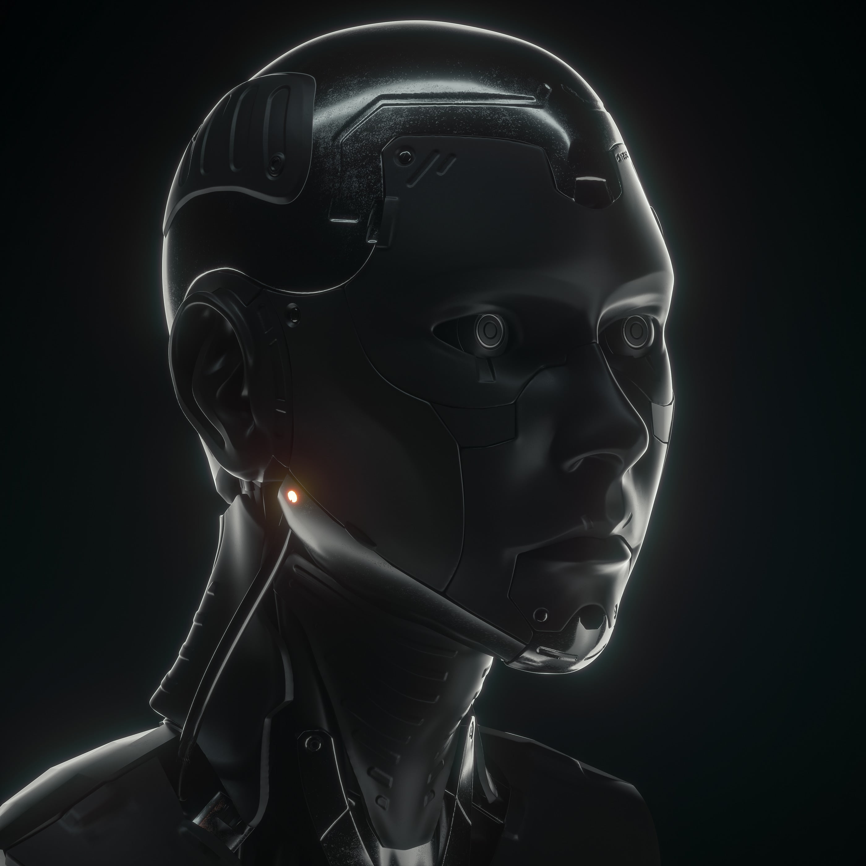 cyborg, contemplation, studio shot, art and craft, 2K, 3D, profile view, technology, human representation, creativity, body part, black background, Timo Noack, Phone HD Wallpaper