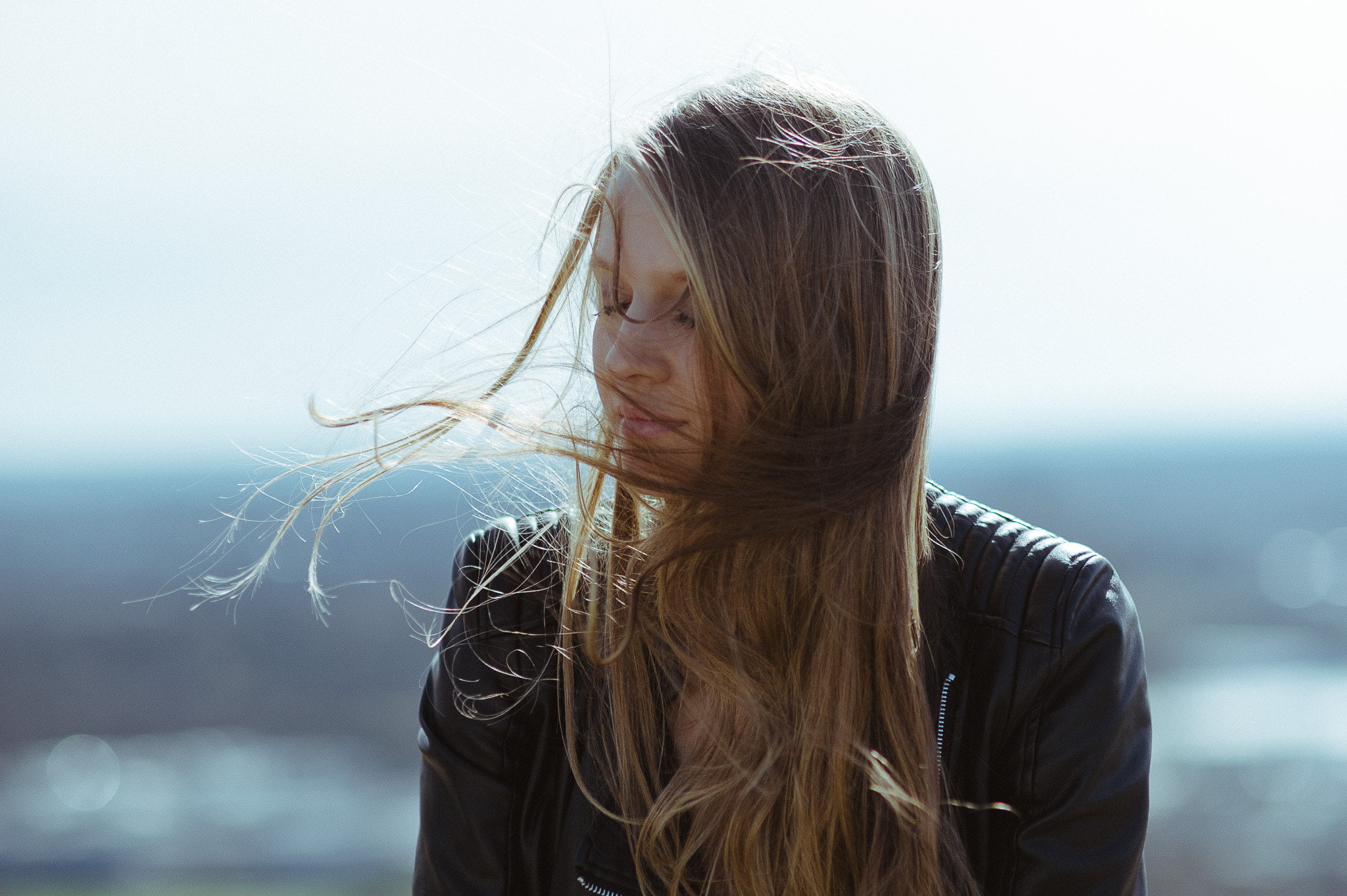 one person, long hair, young adult, adult, blonde, contemplation, lifestyles, closed eyes, headshot, brown hair, Timo Heß, women, leather jackets, real people, HD Wallpaper