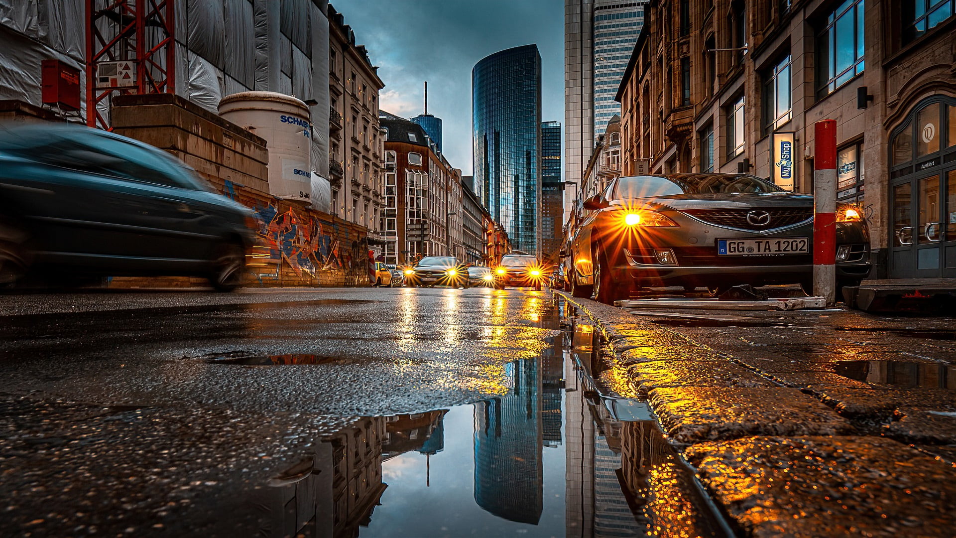 city, wet, reflection, photography, Timo Gebel, night, car, street, cityscape, lights, puddle, cranes (machine), graffiti, 1080P, traffic, Headlights, HD Wallpaper