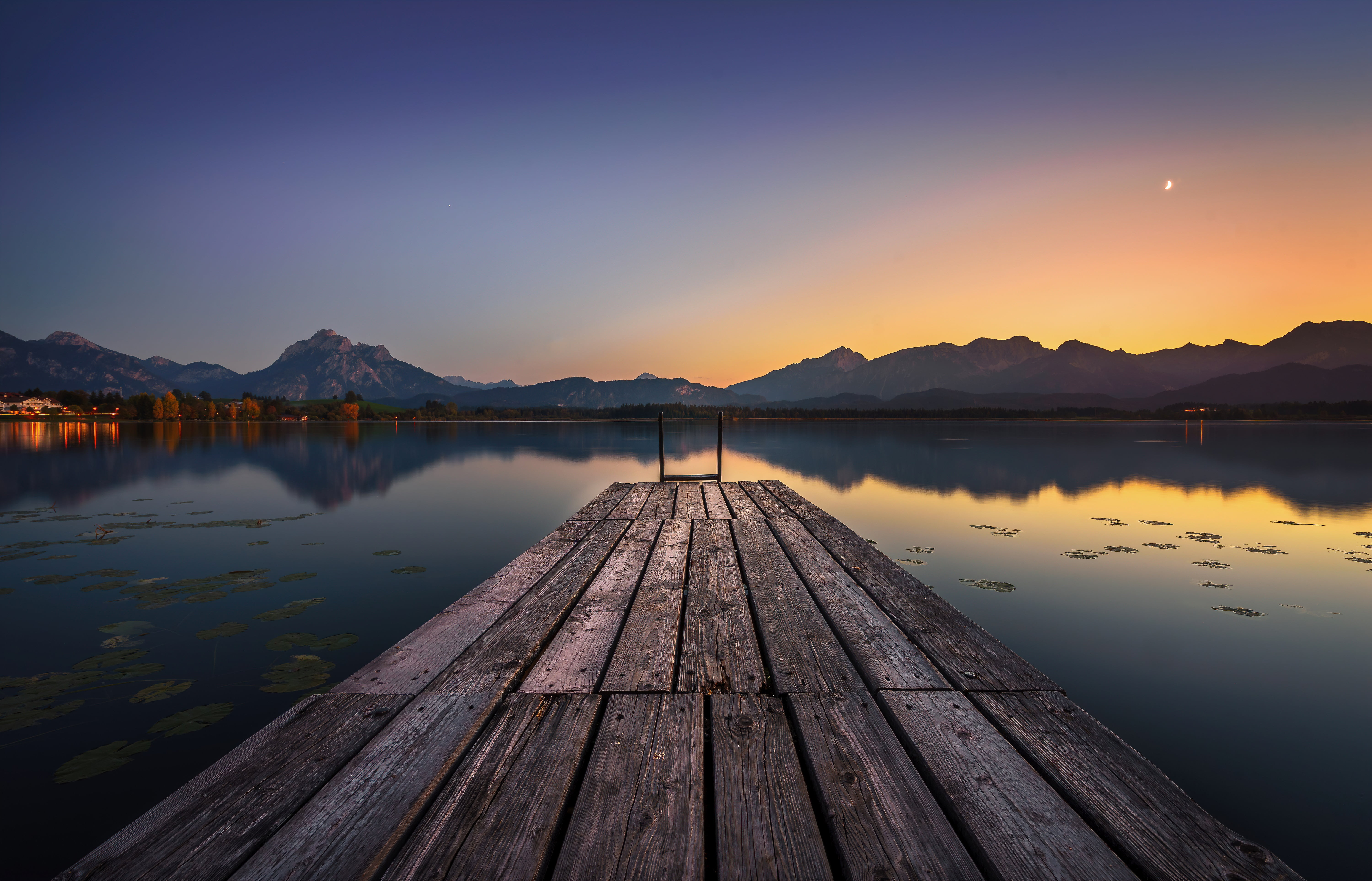 trees, sunset, reflection, crescent moon, outdoors, 5K, ladder, photography, Timo Gebel, mountains, lights, landscape, water, lily pads, pier, nature, HD Wallpaper