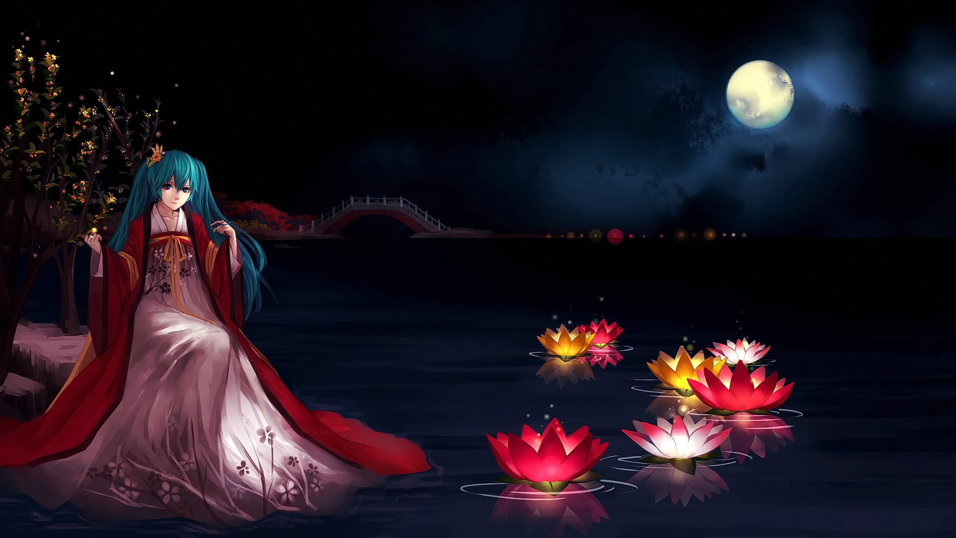 blurred motion, Vocaloid, dark, sky, full moon, arts culture and entertainment, anime, Moon, outdoors, young women, 1080P, aqua hair, illuminated, red, HD Wallpaper