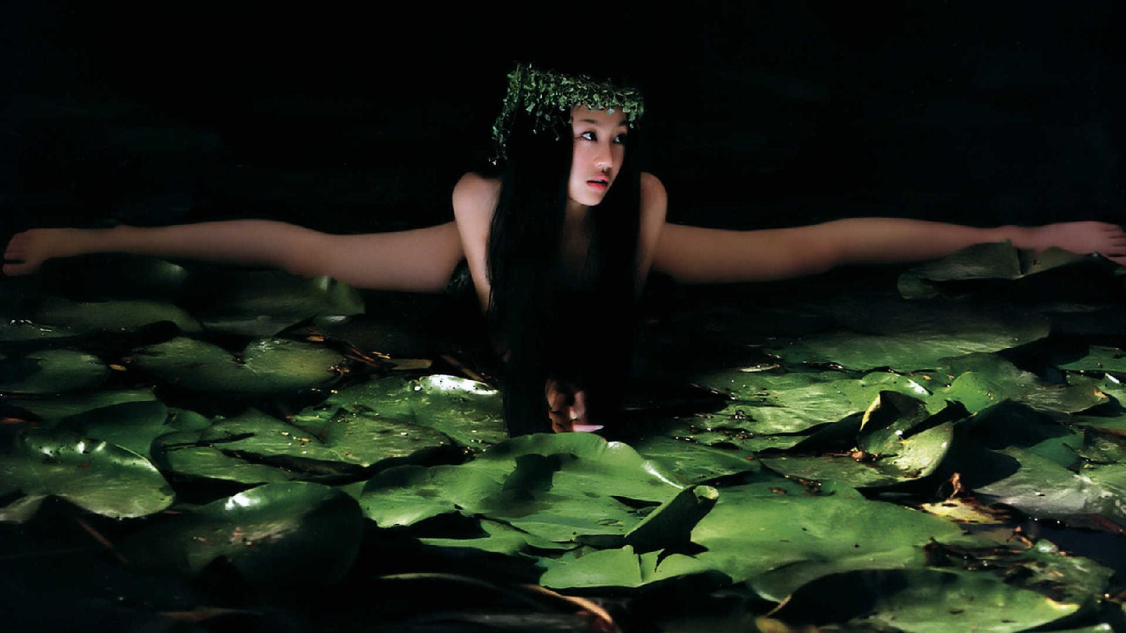 Asian, indoors, plant part, nature, plant, floating on water, water, front view, women, young adult, portrait, vegetable, lily pads, one person, beautiful woman, HD Wallpaper