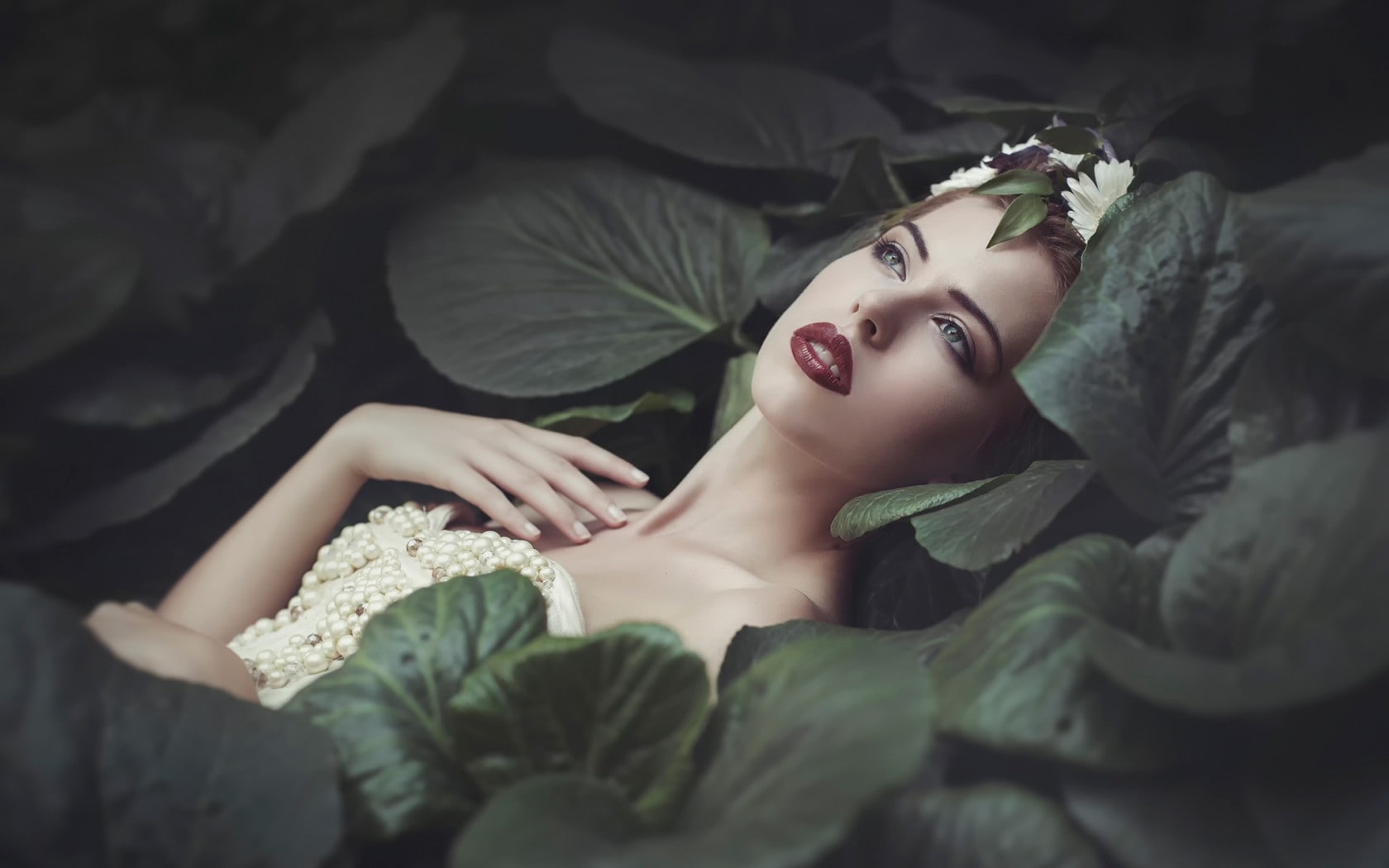 model, nature, women, red lipstick, lily pads, brunette, 720P, HD Wallpaper