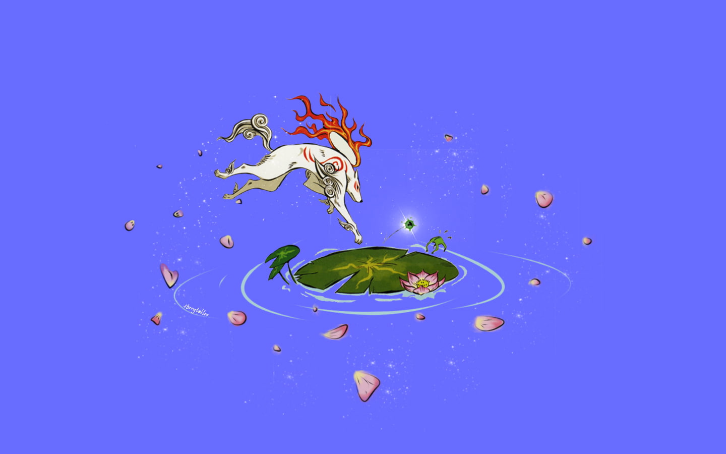 720P, flower, water, background, pads, lily, petals, amaterasu, okami, simple, HD Wallpaper