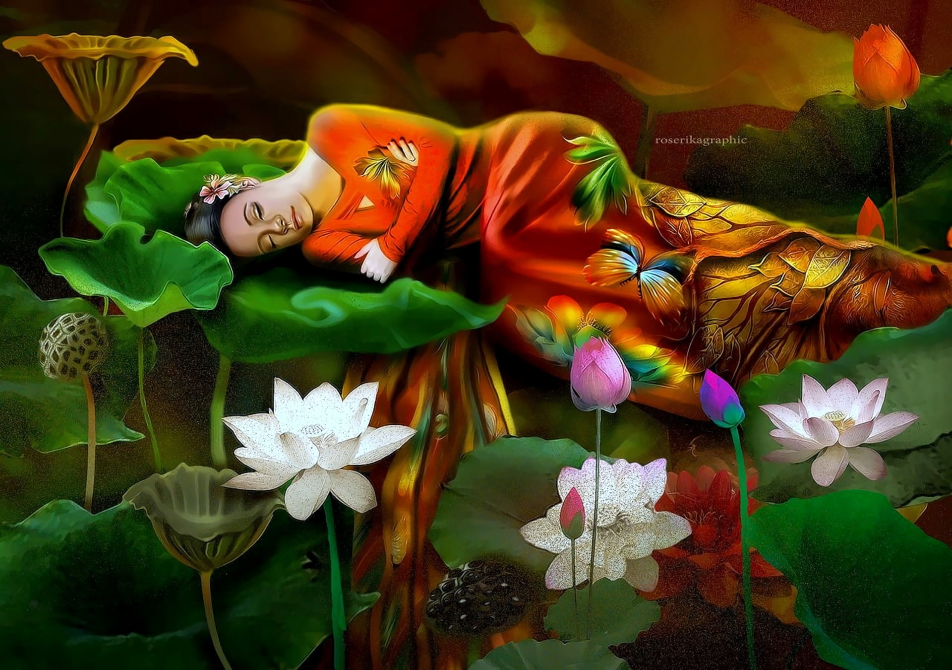 Sleeping, Fairy, Lily Pad, Lotus, Girl, Woman, Fantasy, Artistic, 1080P, HD Wallpaper