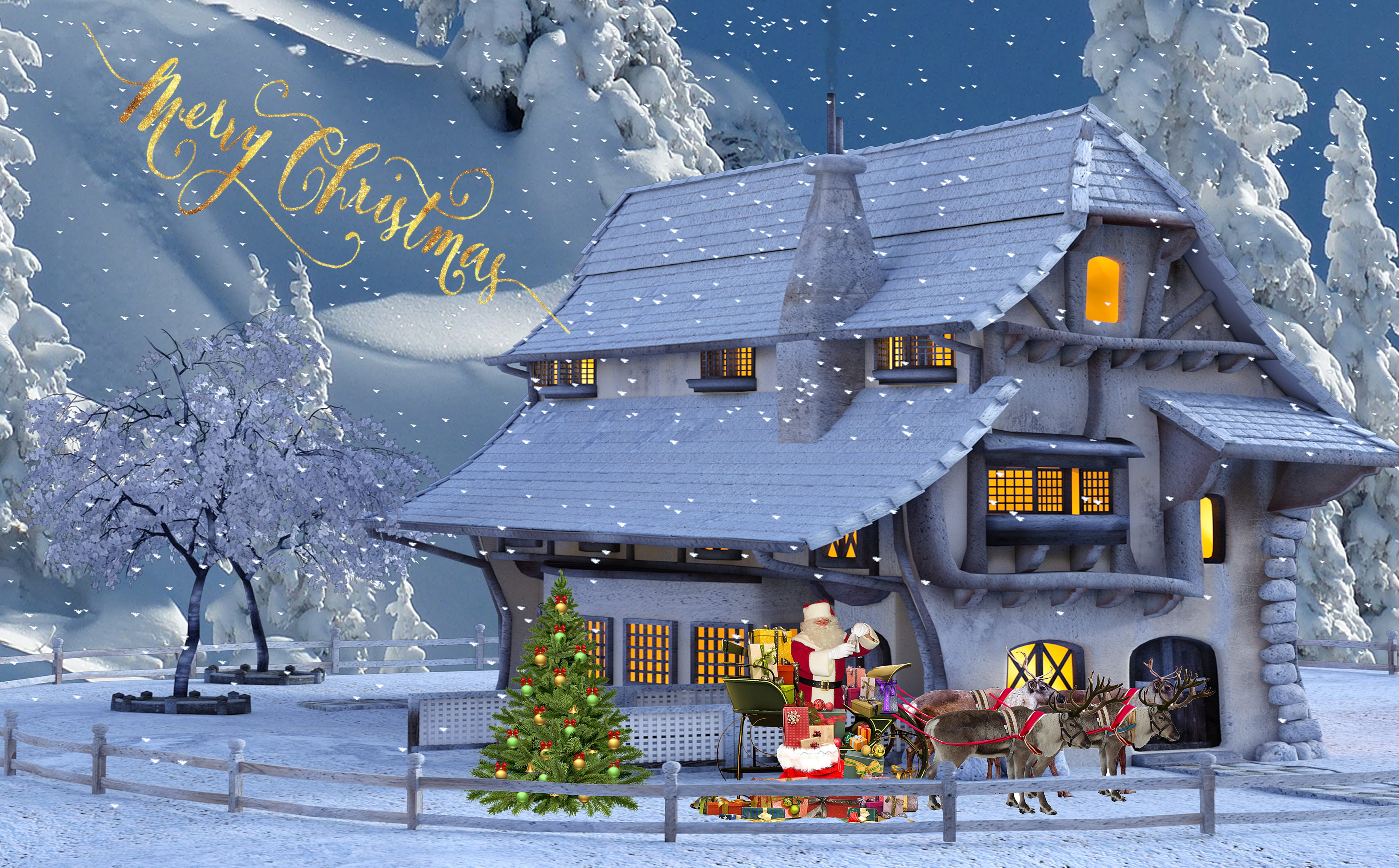 winter, 4K, christmas card, house, snow, christmas tree, snowing, cold temperature, covered, nature, santa, party, adult, building, background, outdoor, HD Wallpaper