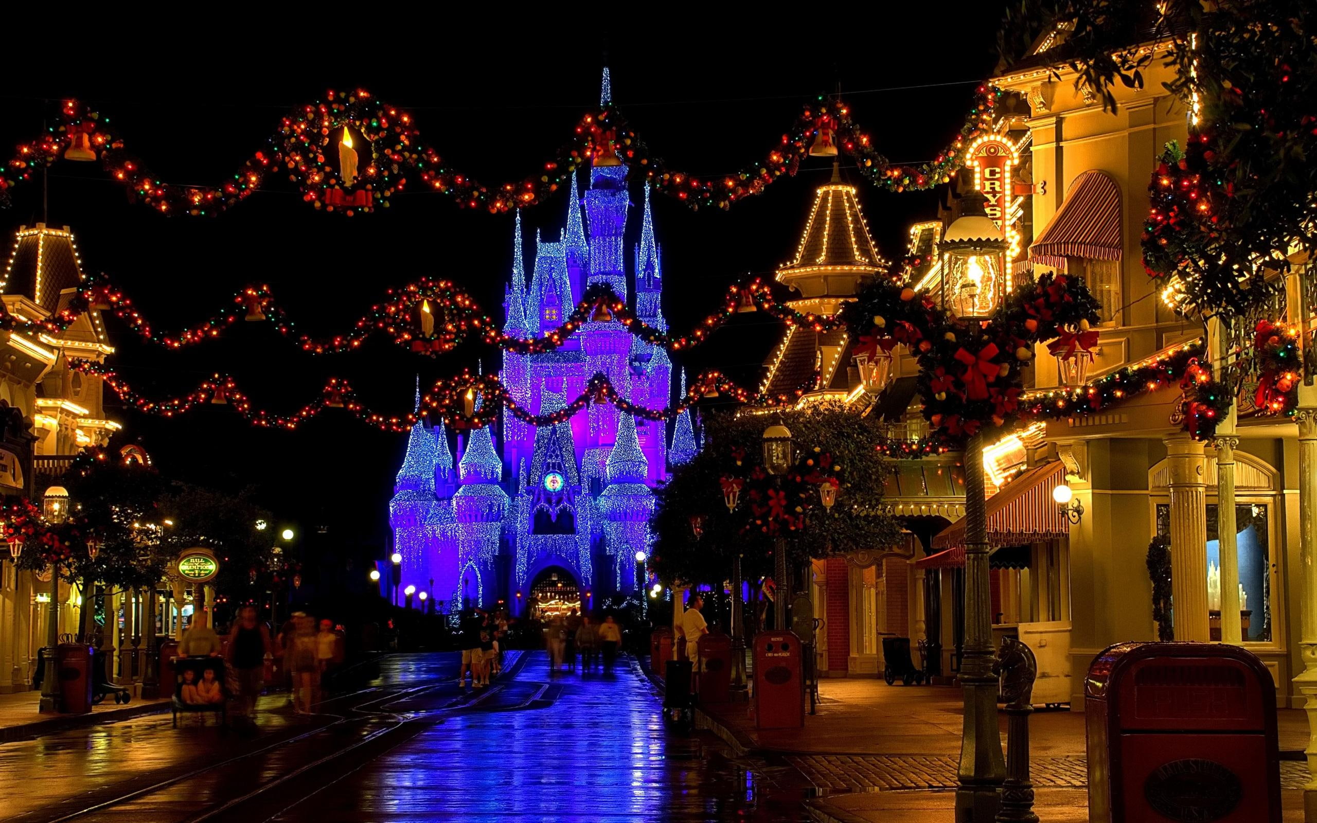 disneyl, christmas, evening lights, disneyland, 2K, nature and landscapes, holidays, HD Wallpaper