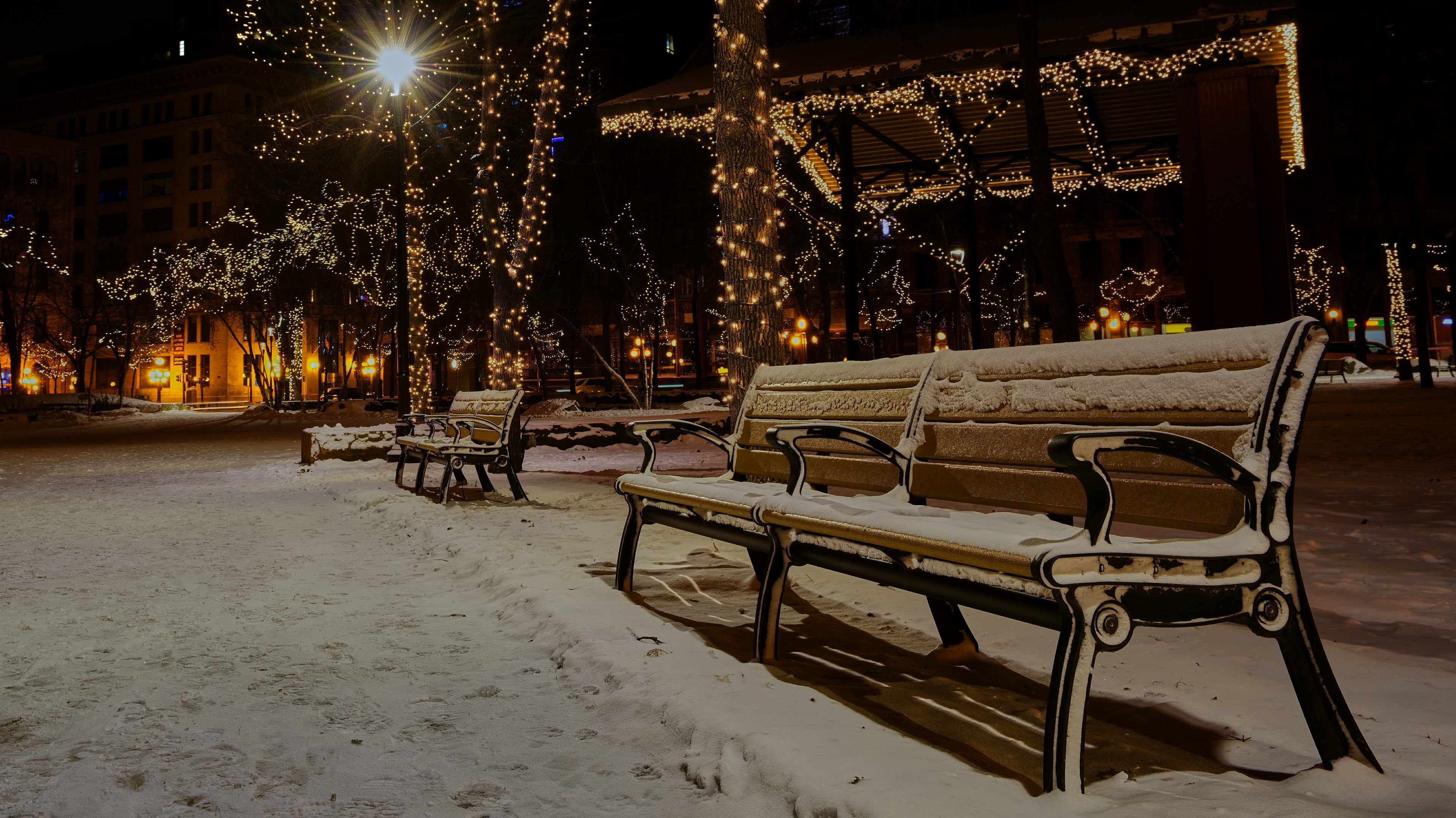 architecture, nature, night, snow, absence, built structure, illuminated, building exterior, bench, empty, winter, park, lighting, no people, 4K, tree, HD Wallpaper