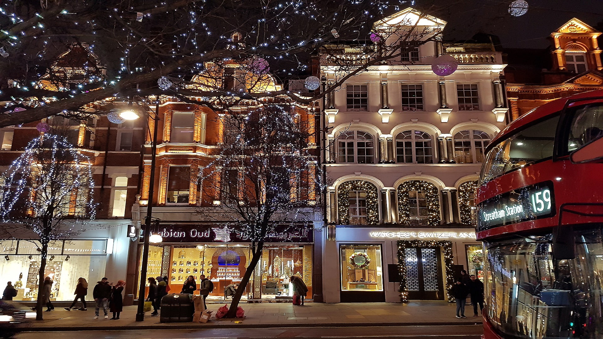 buildings, london, xmas, night, facade, christmas, christmas decoration, street, 1080P, christmas lights, evening, HD Wallpaper