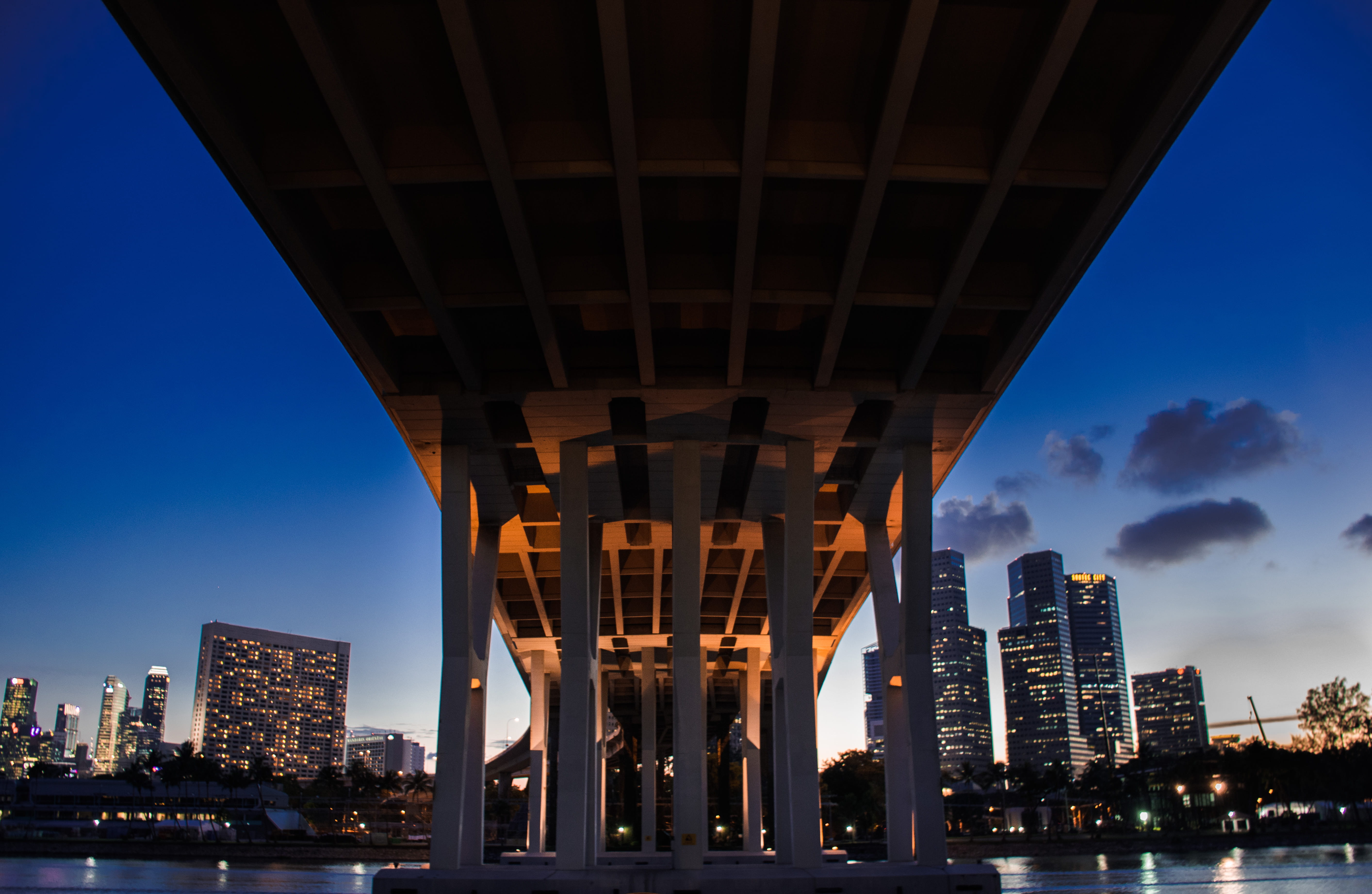 buildings, landscape, urban skyline, outdoors, columns, golden hour, reflection, dusk, city, downtown, architecture, highway, illuminated, cityscape, underground, HD Wallpaper